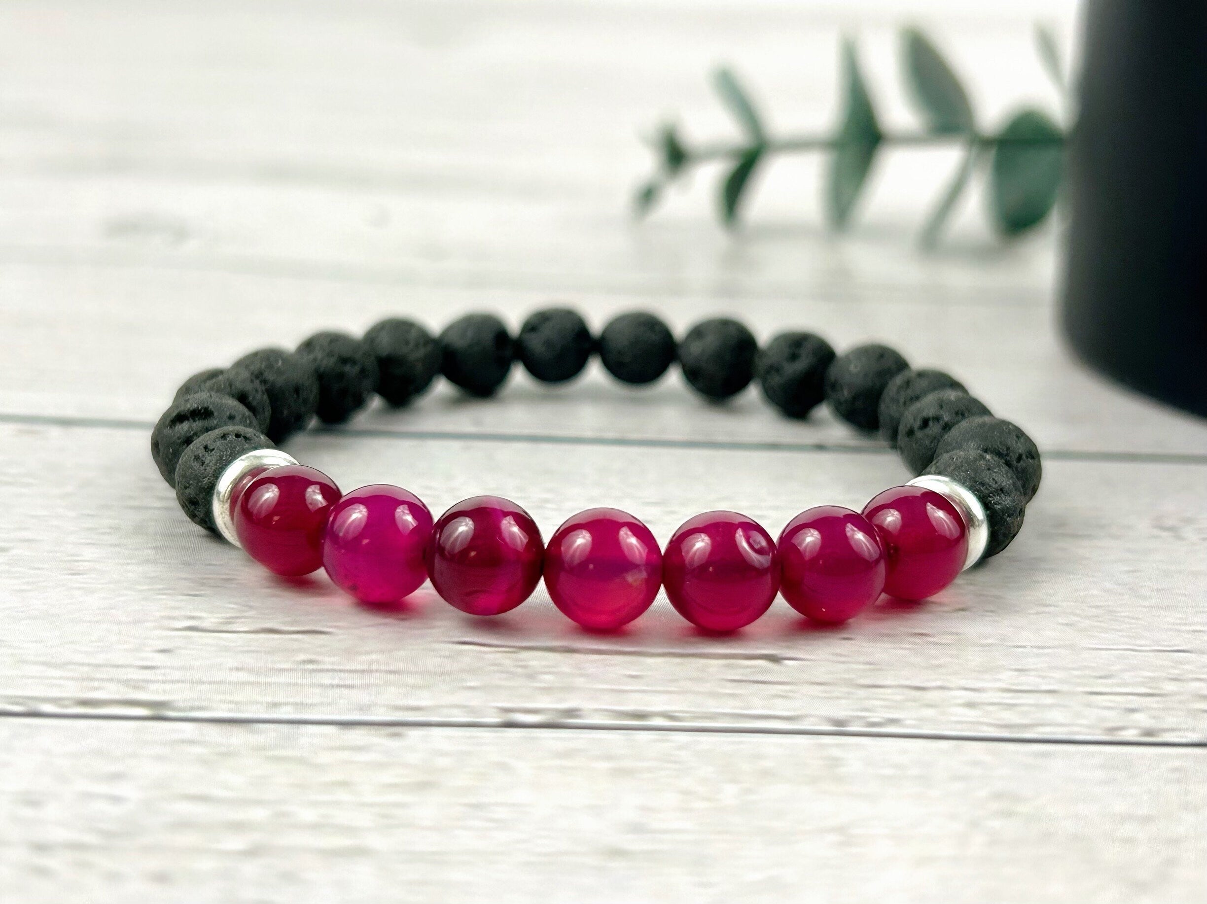 Diffuser Bracelet, Essential Oil Bracelet, Aromatherapy Bracelet, Hot Pink Chalcedony Bracelet, Handmade Jewelry, Black Lava Rock Bracelet