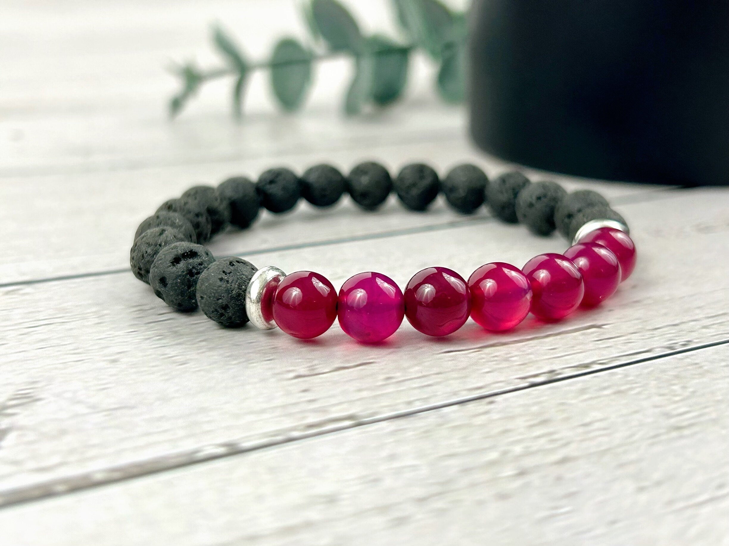 Diffuser Bracelet, Essential Oil Bracelet, Aromatherapy Bracelet, Hot Pink Chalcedony Bracelet, Handmade Jewelry, Black Lava Rock Bracelet
