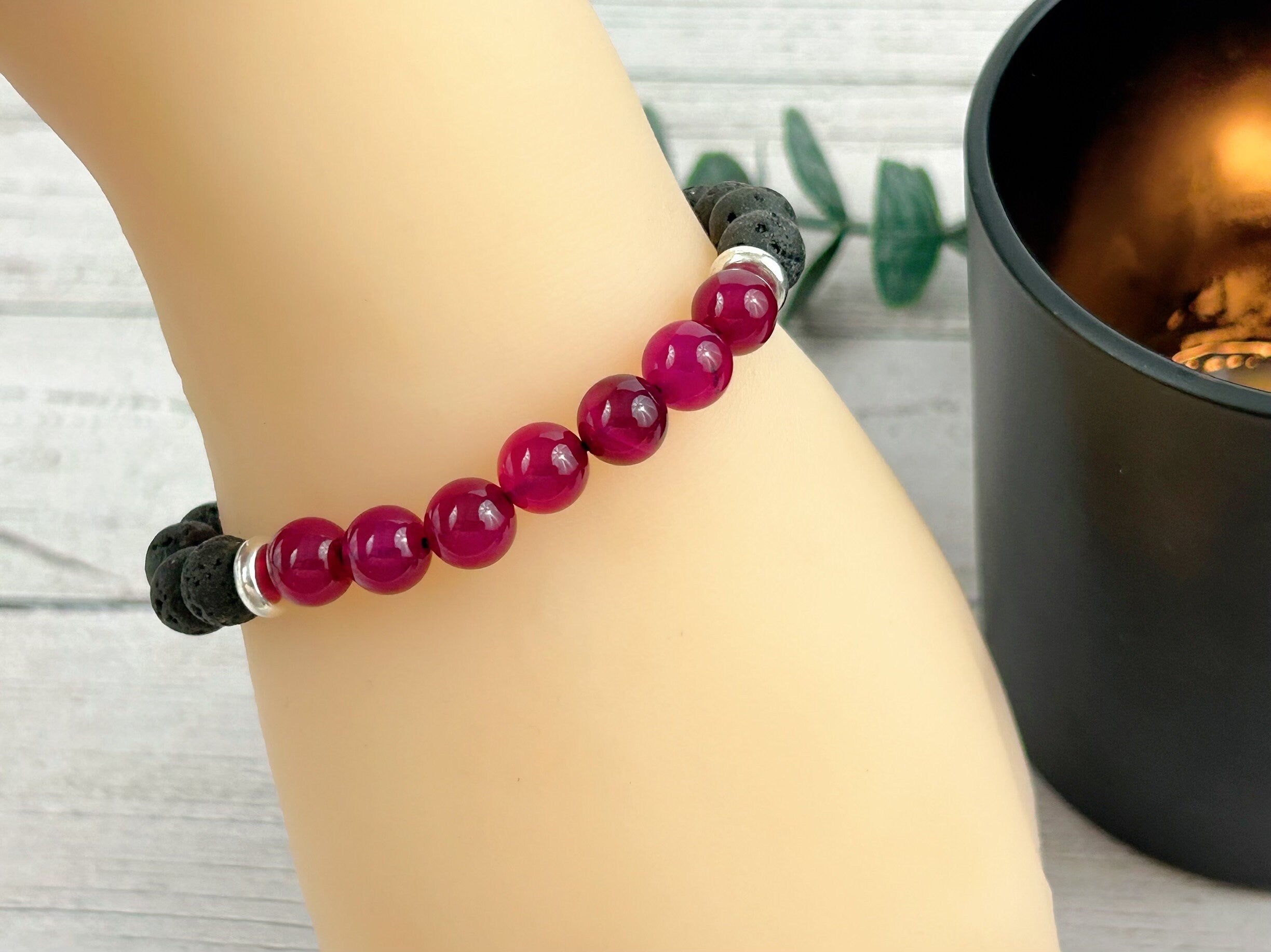 Diffuser Bracelet, Essential Oil Bracelet, Aromatherapy Bracelet, Hot Pink Chalcedony Bracelet, Handmade Jewelry, Black Lava Rock Bracelet