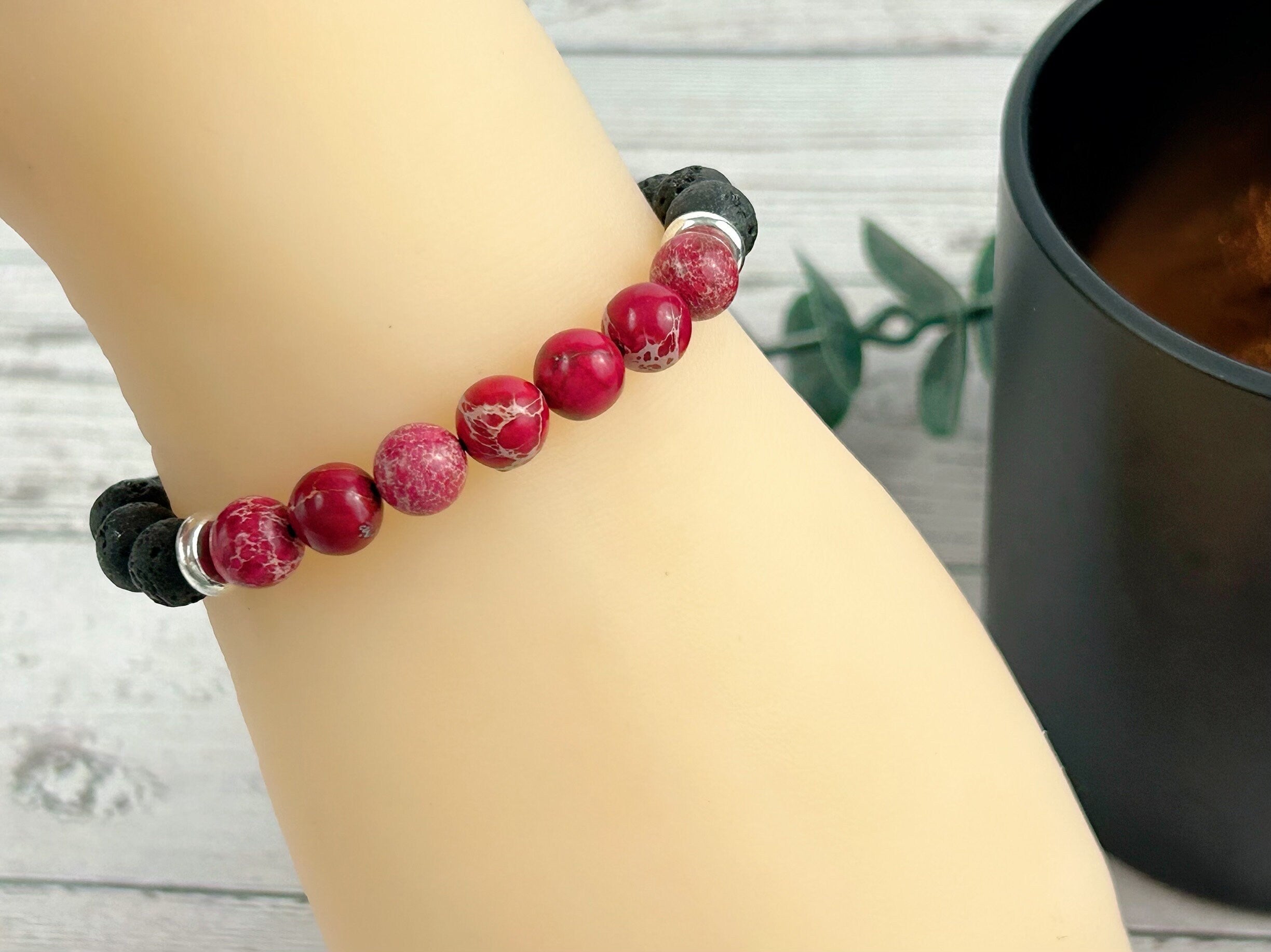 Diffuser Bracelet, Essential Oil Bracelet, Aromatherapy Bracelet, Red Jasper Bracelet, Imperial Jasper, Black Lava Rock