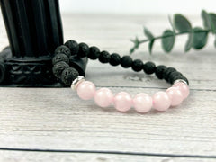 Diffuser Bracelet, Essential Oil Bracelet, Aromatherapy Bracelet, Rose Quartz Bracelet, Handmade Jewelry, Black Lava Rock Bracelet