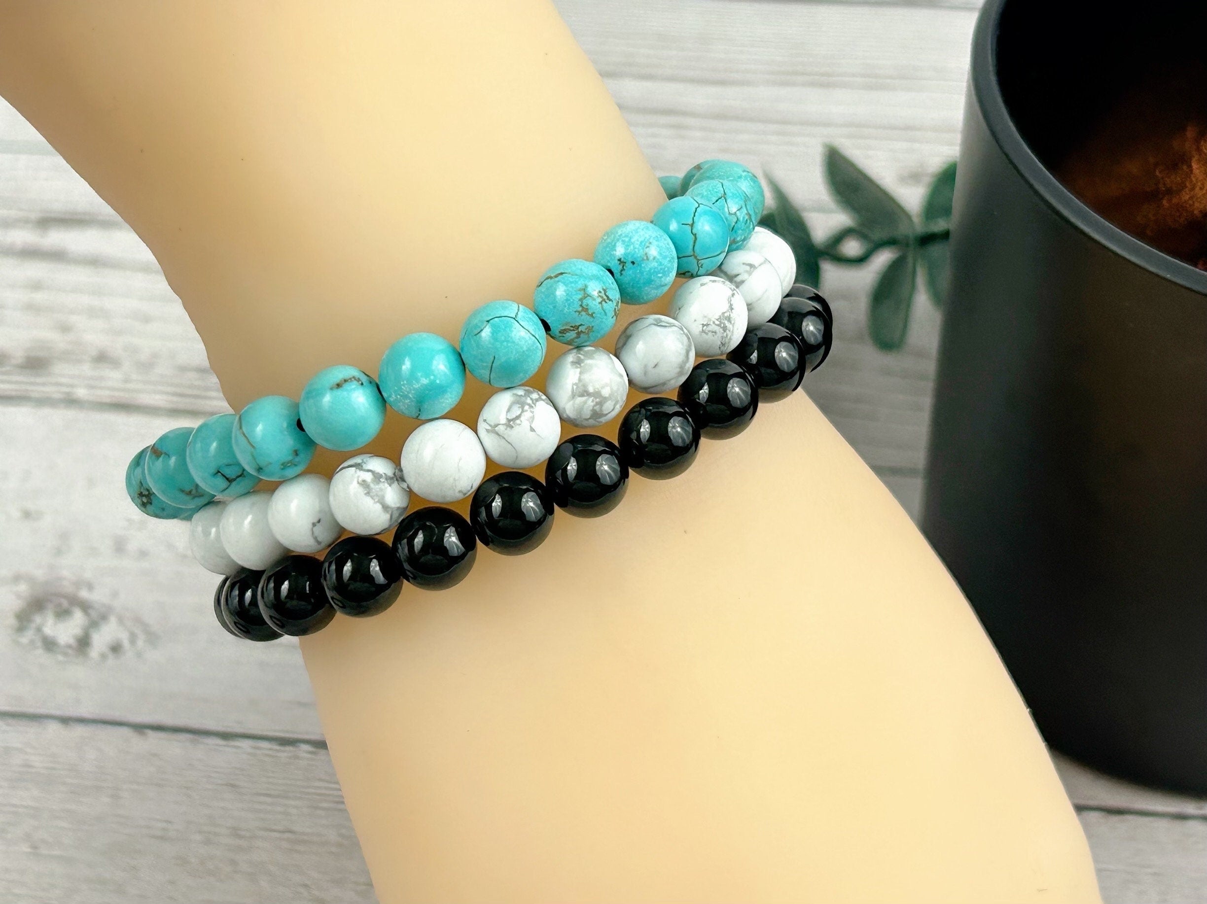 Set of 3 Energy Bracelet, Healing Bracelet, White Howlite Bracelet, Turquoise Bracelet, Black Onyx Bracelet, Gemstone Bracelet, Gift for Her