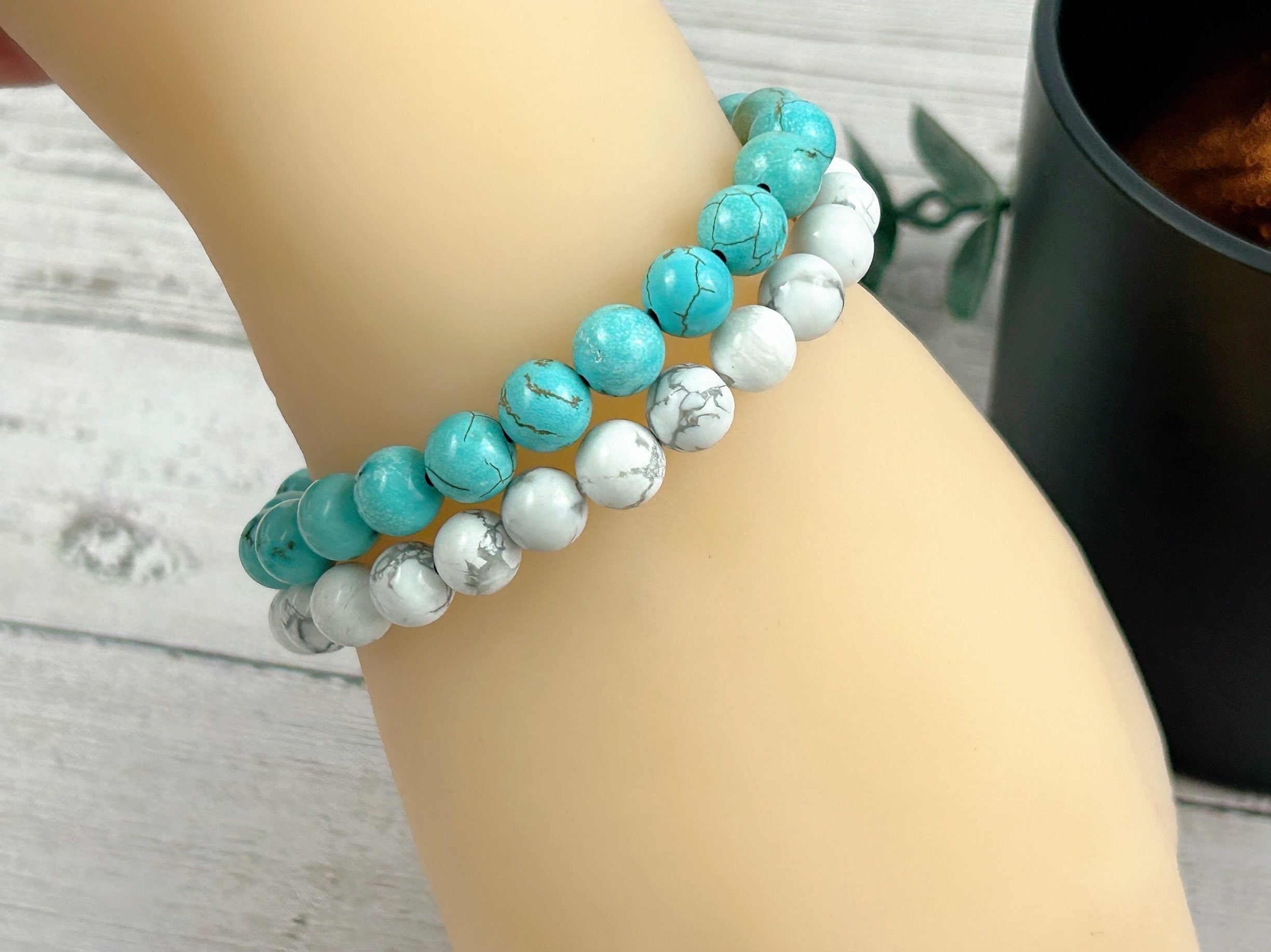 Set of 2 Energy Bracelets, Healing Bracelet, White Howlite Bracelet, Turquoise Bracelet, Gemstone Bracelet, Gift for Her