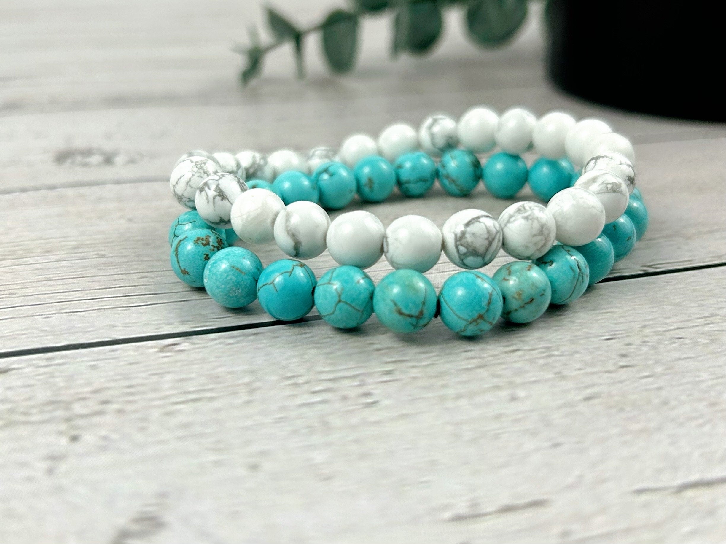 Set of 2 Energy Bracelets, Healing Bracelet, White Howlite Bracelet, Turquoise Bracelet, Gemstone Bracelet, Gift for Her