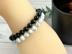 Set of 2 Energy Bracelets, Healing Bracelet, White Howlite Bracelet, Black Onyx Bracelet, Gemstone Bracelet, Gift for Her