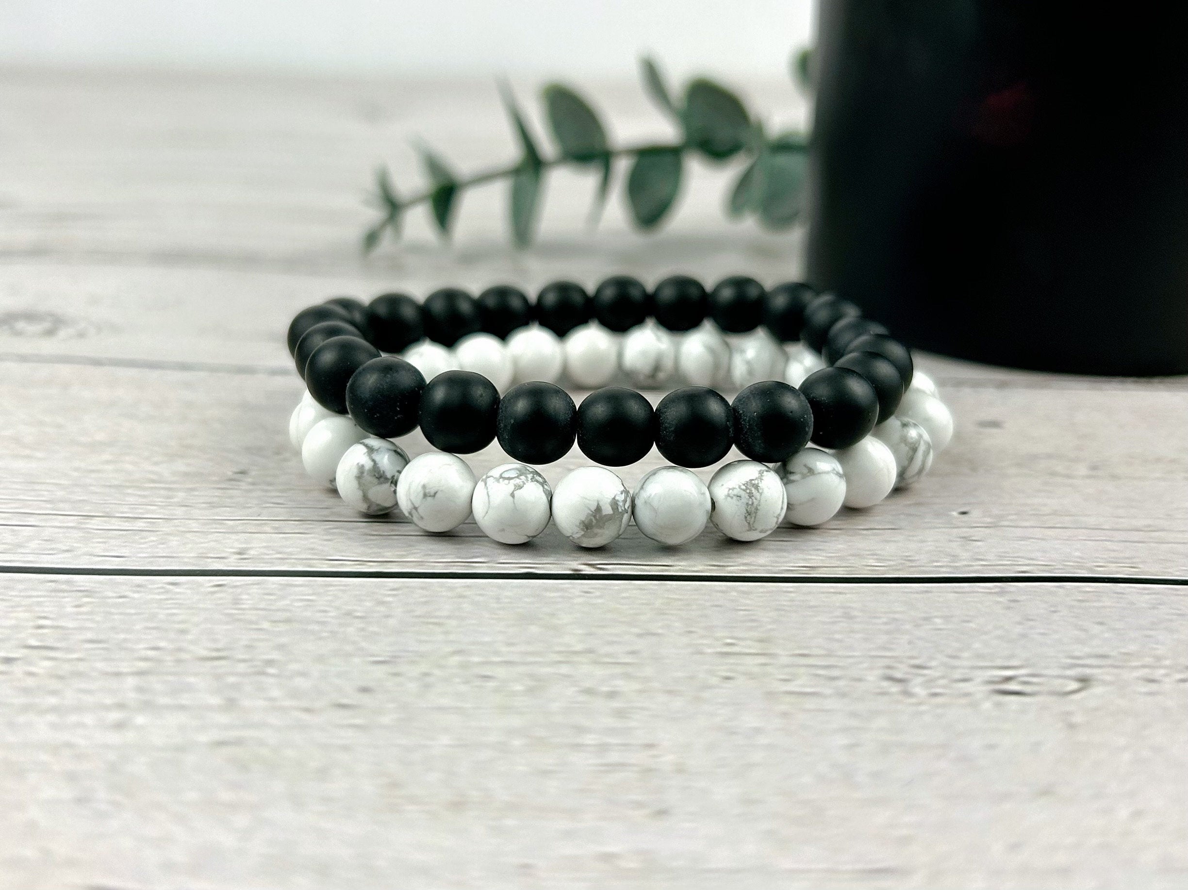 Set of 2 Energy Bracelets, Healing Bracelet, White Howlite Bracelet, Black Onyx Bracelet, Gemstone Bracelet, Gift for Her