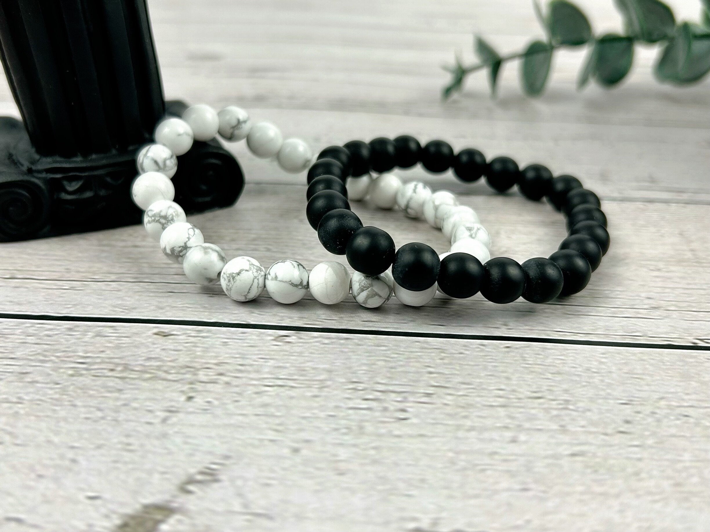 Set of 2 Energy Bracelets, Healing Bracelet, White Howlite Bracelet, Black Onyx Bracelet, Gemstone Bracelet, Gift for Her