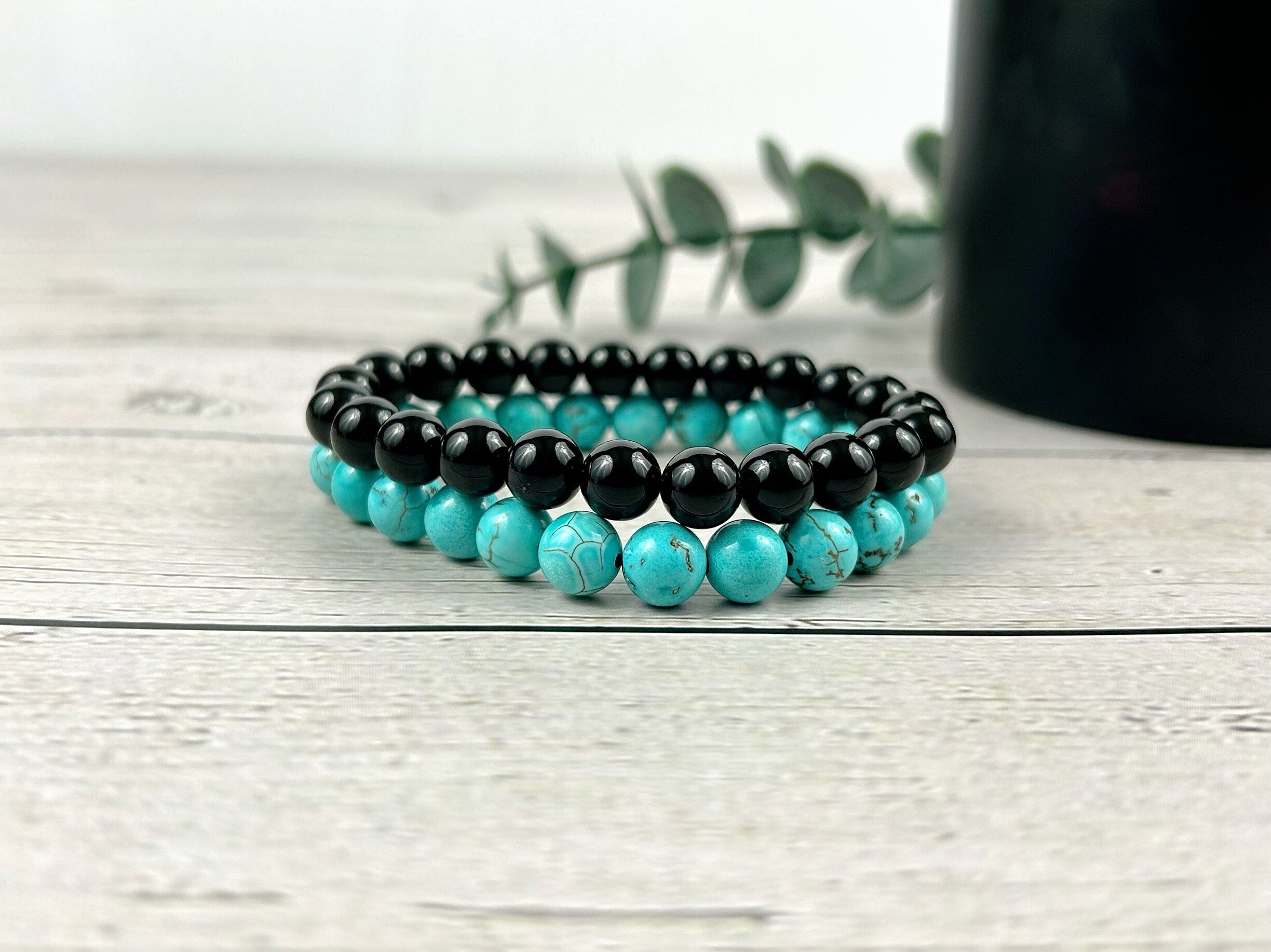 Set of 2 Energy Bracelets, Healing Bracelet, Turquoise Bracelet, Black Onyx Bracelet, Gemstone Bracelet, Gift for Her
