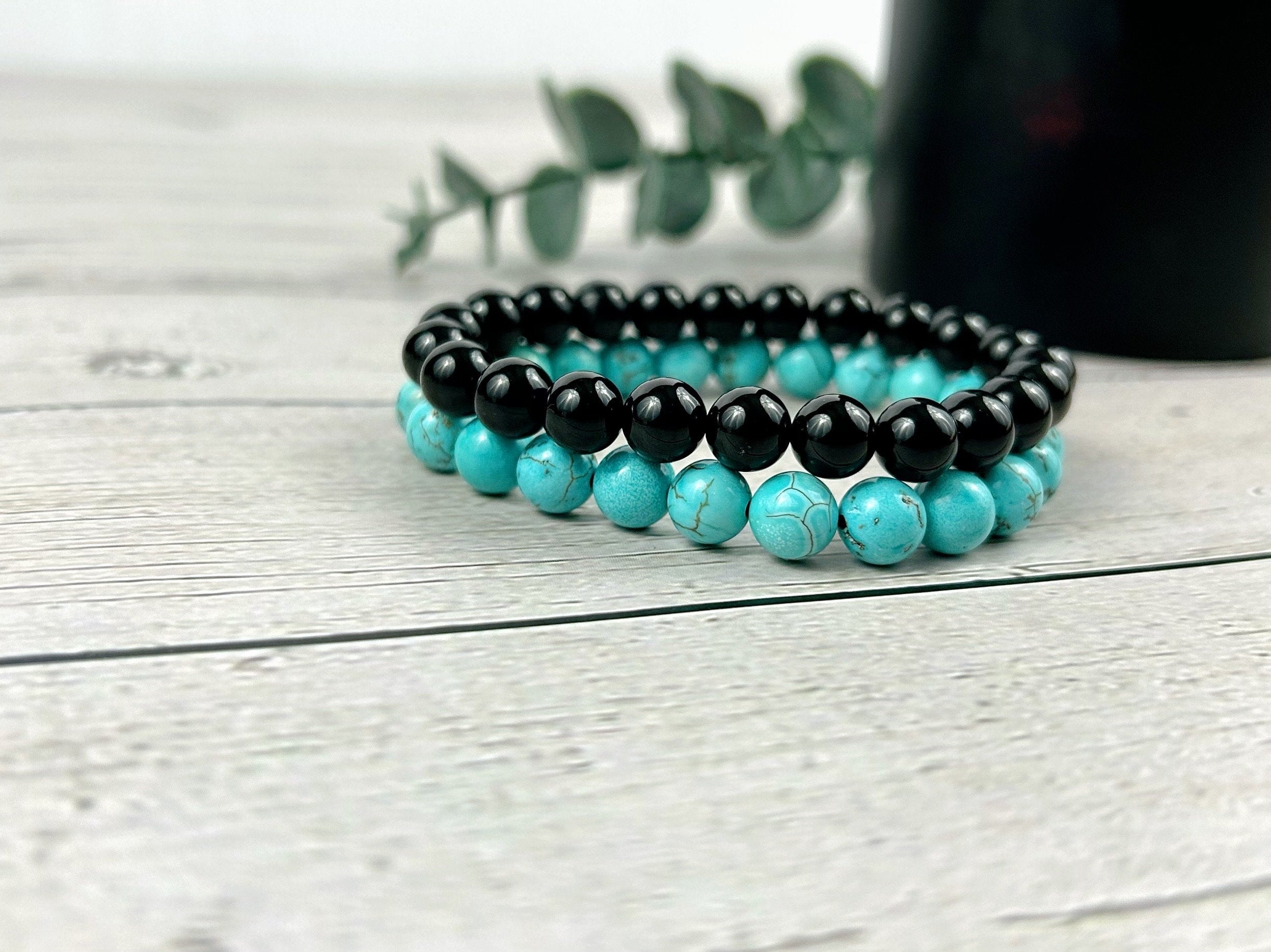 Set of 2 Energy Bracelets, Healing Bracelet, Turquoise Bracelet, Black Onyx Bracelet, Gemstone Bracelet, Gift for Her