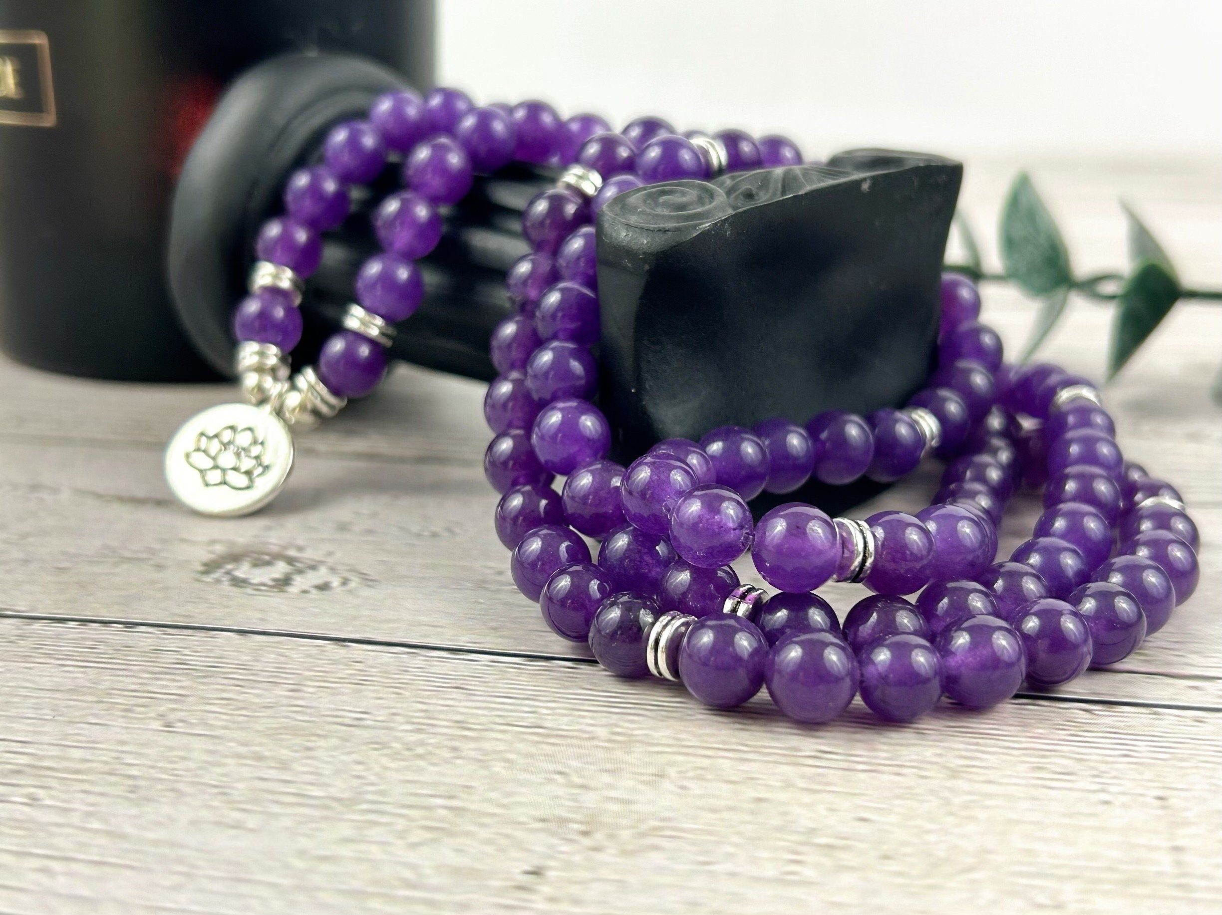 108 Mala Beads Necklace, Purple Chalcedony Japa Mala, Prayer Beads Necklace, 108 Mala Beads Bracelet, Meditation Necklace, Handmade Jewelry