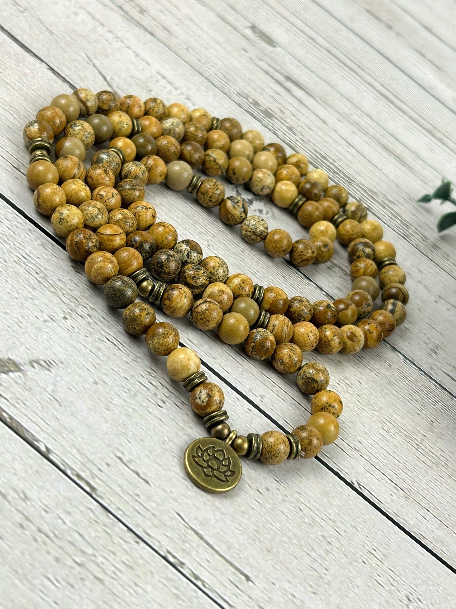 Japa Mala, 108 Mala Beads Necklace, Picture Jasper Mala Nevklace, Prayer Beads Necklace, 108 Mala Beads Bracelet, Meditation Necklace