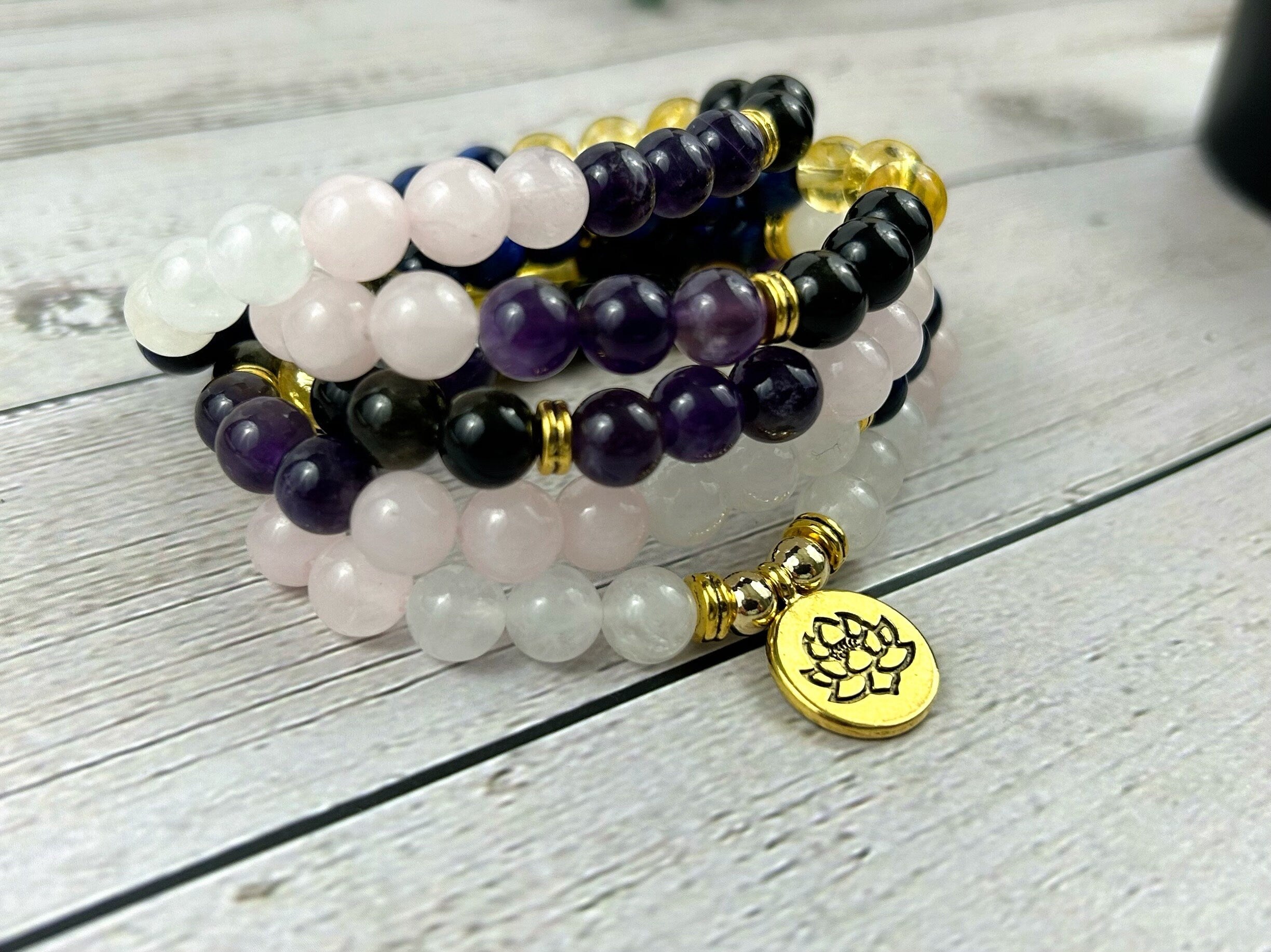 108 Mala Necklace, Prayer Beads, Moonstone, Rose Quartz, Citrine, Amethyst, Golden Obsidian, Blue Tiger Eye, Meditation Necklace