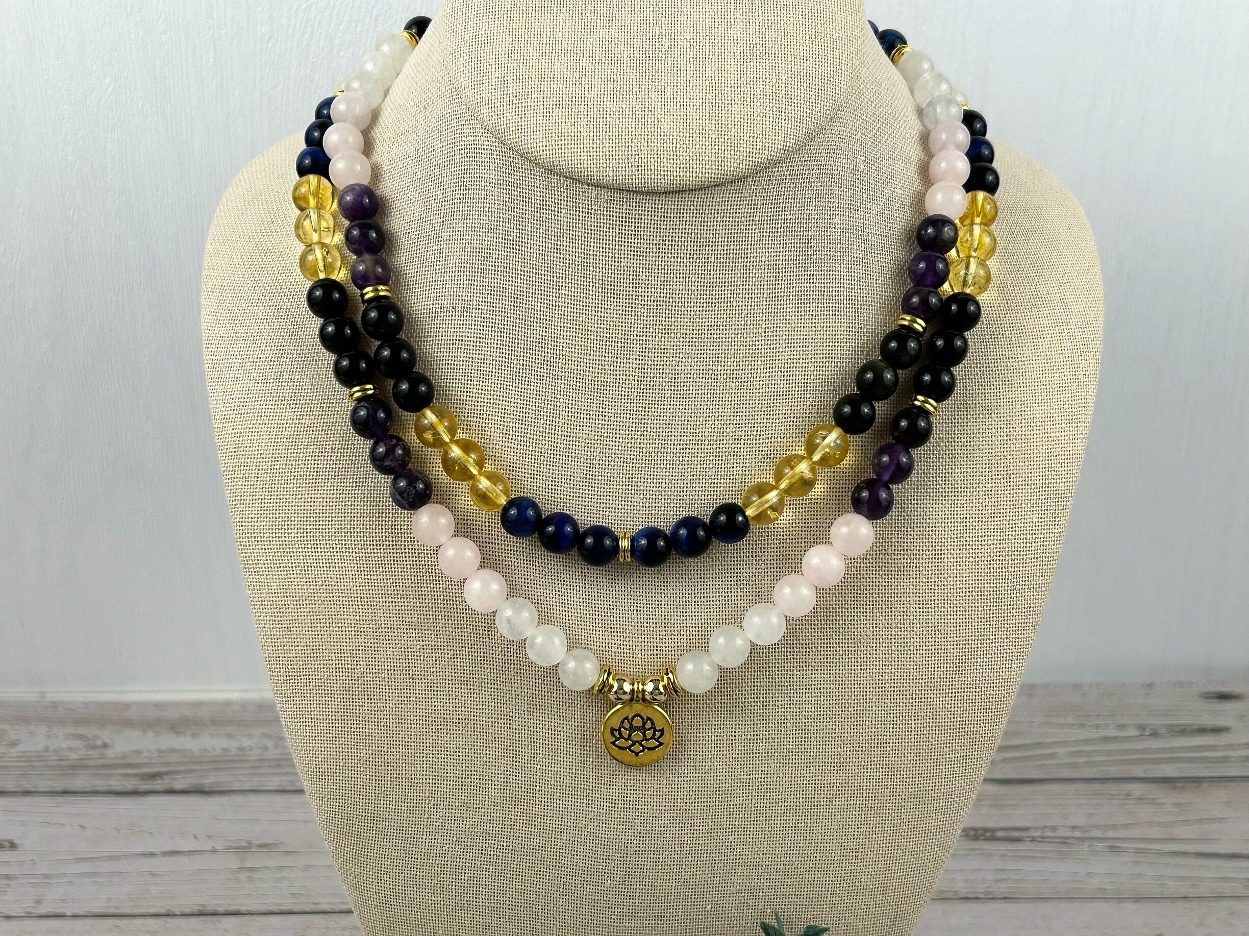 108 Mala Necklace, Prayer Beads, Moonstone, Rose Quartz, Citrine, Amethyst, Golden Obsidian, Blue Tiger Eye, Meditation Necklace