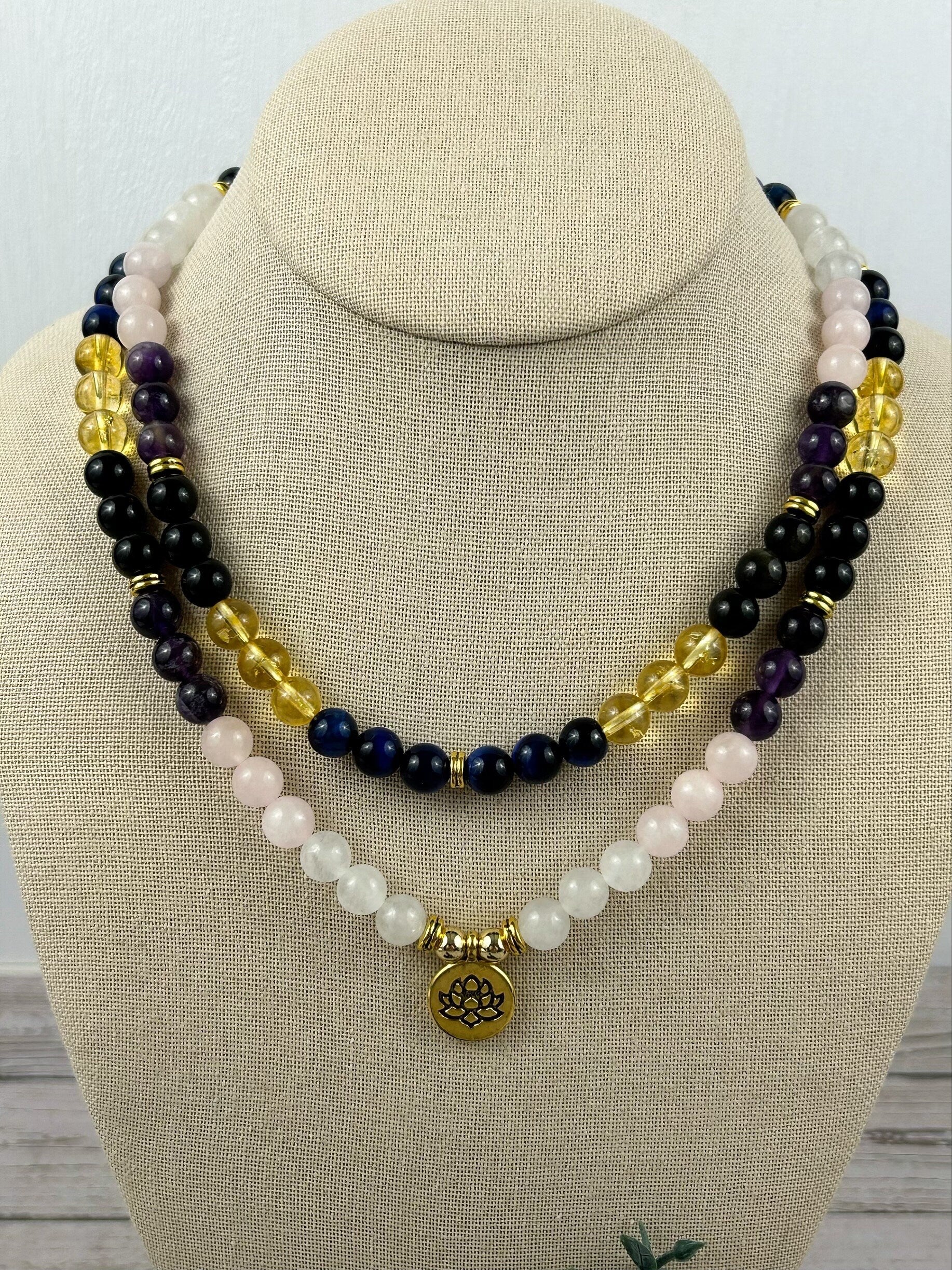 108 Mala Necklace, Prayer Beads, Moonstone, Rose Quartz, Citrine, Amethyst, Golden Obsidian, Blue Tiger Eye, Meditation Necklace