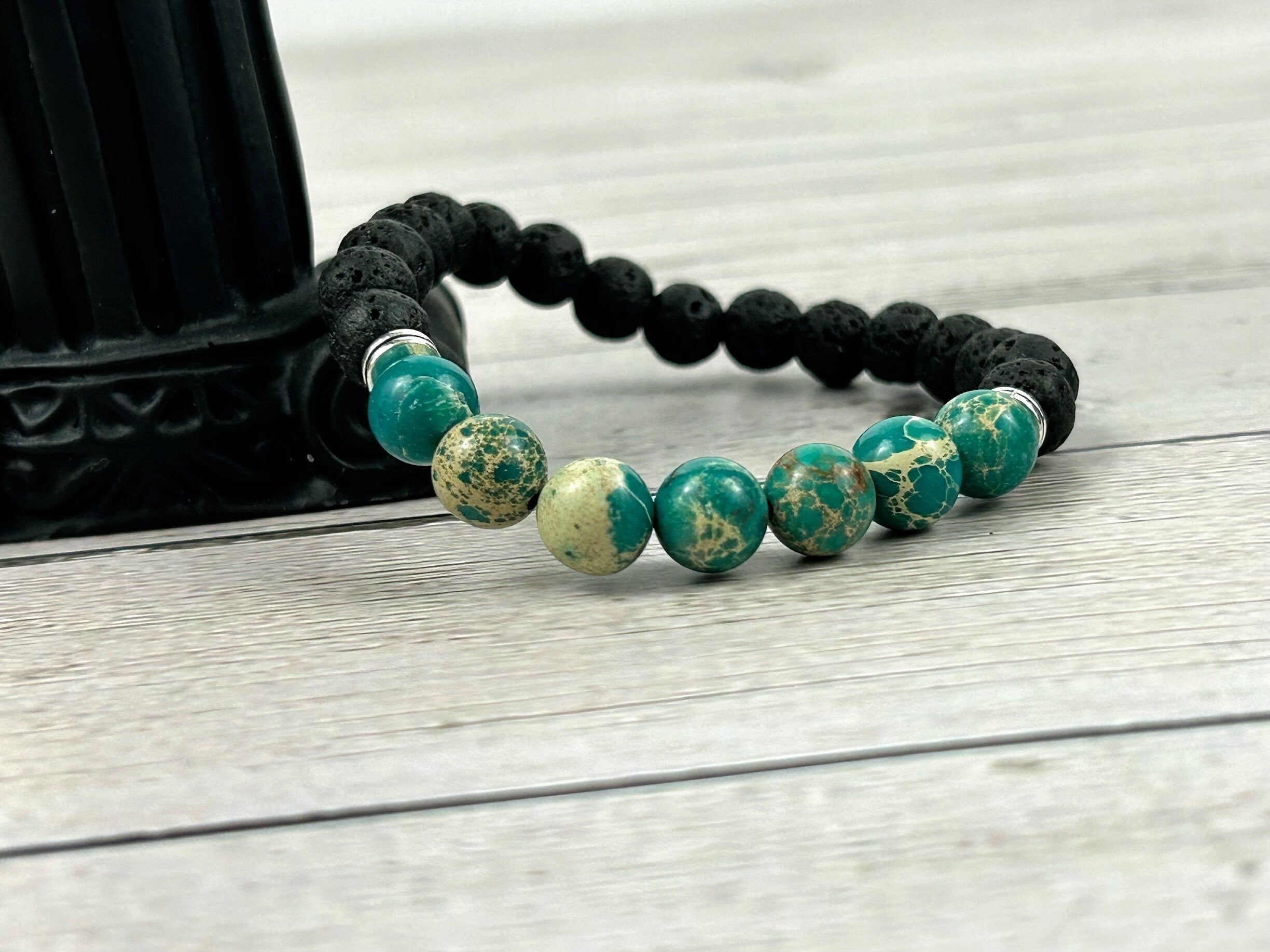 Diffuser Bracelet, Essential Oil Bracelet, Aromatherapy Bracelet, Teal Green Imperial Jasper Bracelet, Sea Sediment Jasper, Black Lava Rock