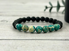 Diffuser Bracelet, Essential Oil Bracelet, Aromatherapy Bracelet, Teal Green Imperial Jasper Bracelet, Sea Sediment Jasper, Black Lava Rock