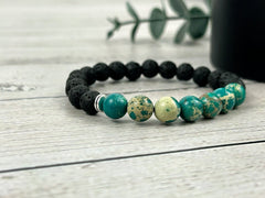 Diffuser Bracelet, Essential Oil Bracelet, Aromatherapy Bracelet, Teal Green Imperial Jasper Bracelet, Sea Sediment Jasper, Black Lava Rock