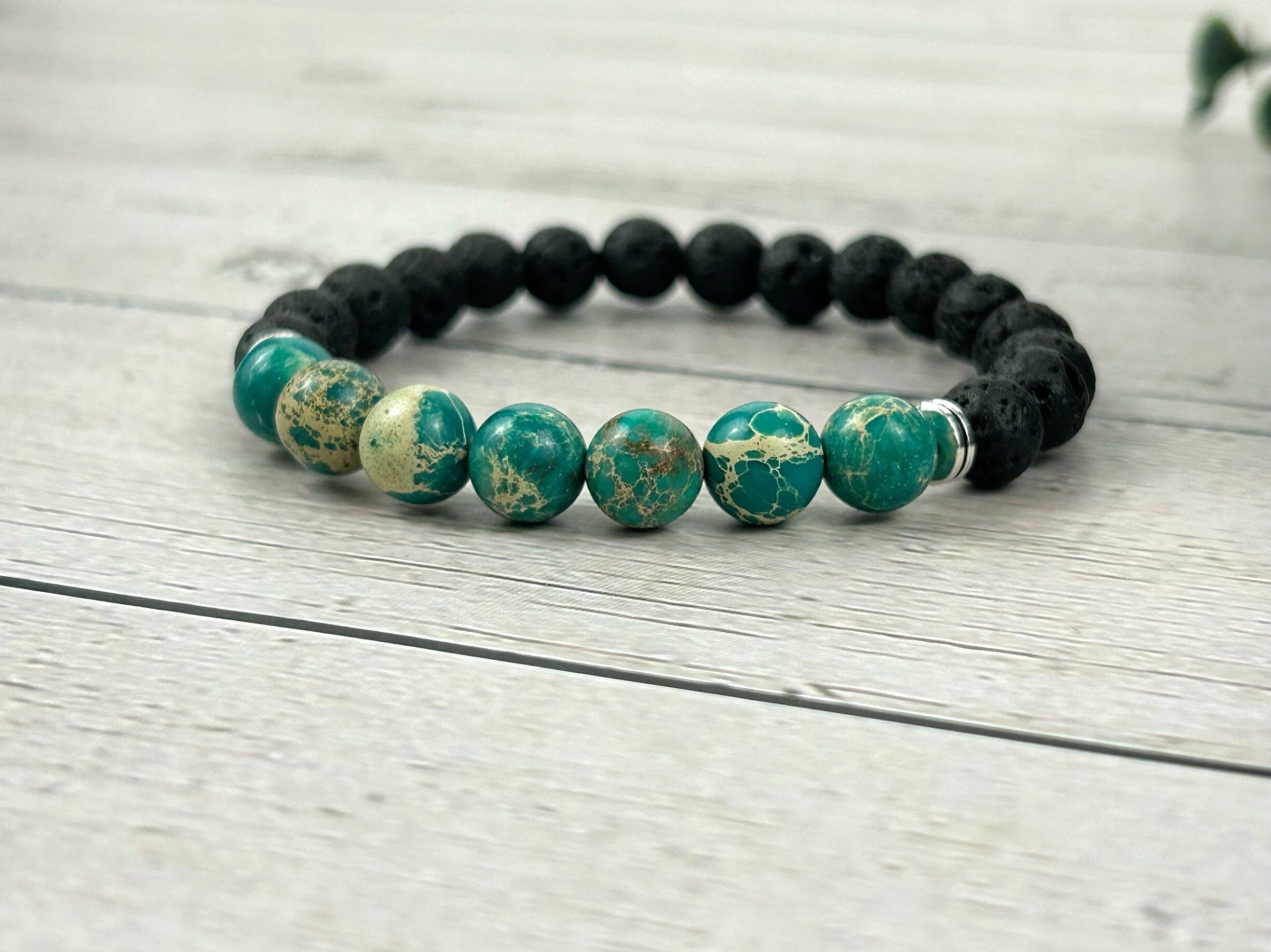 Diffuser Bracelet, Essential Oil Bracelet, Aromatherapy Bracelet, Teal Green Imperial Jasper Bracelet, Sea Sediment Jasper, Black Lava Rock