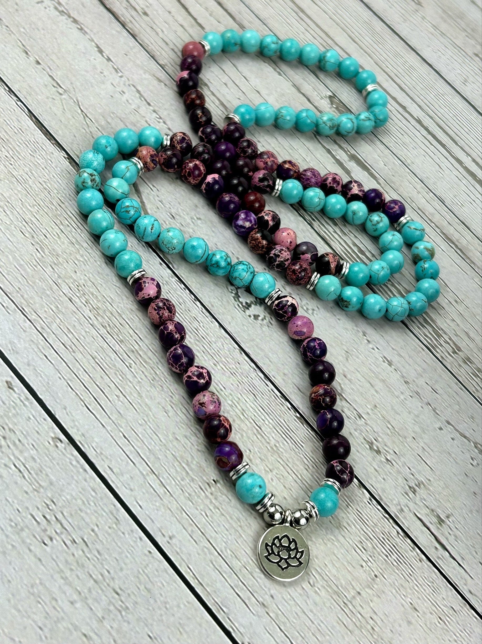 108 Mala Beads Necklace, Japa Mala, Prayer Beads Necklace, Mala Beads Bracelet, Purple Imperial Jasper, Turquoise, Meditation Necklace,