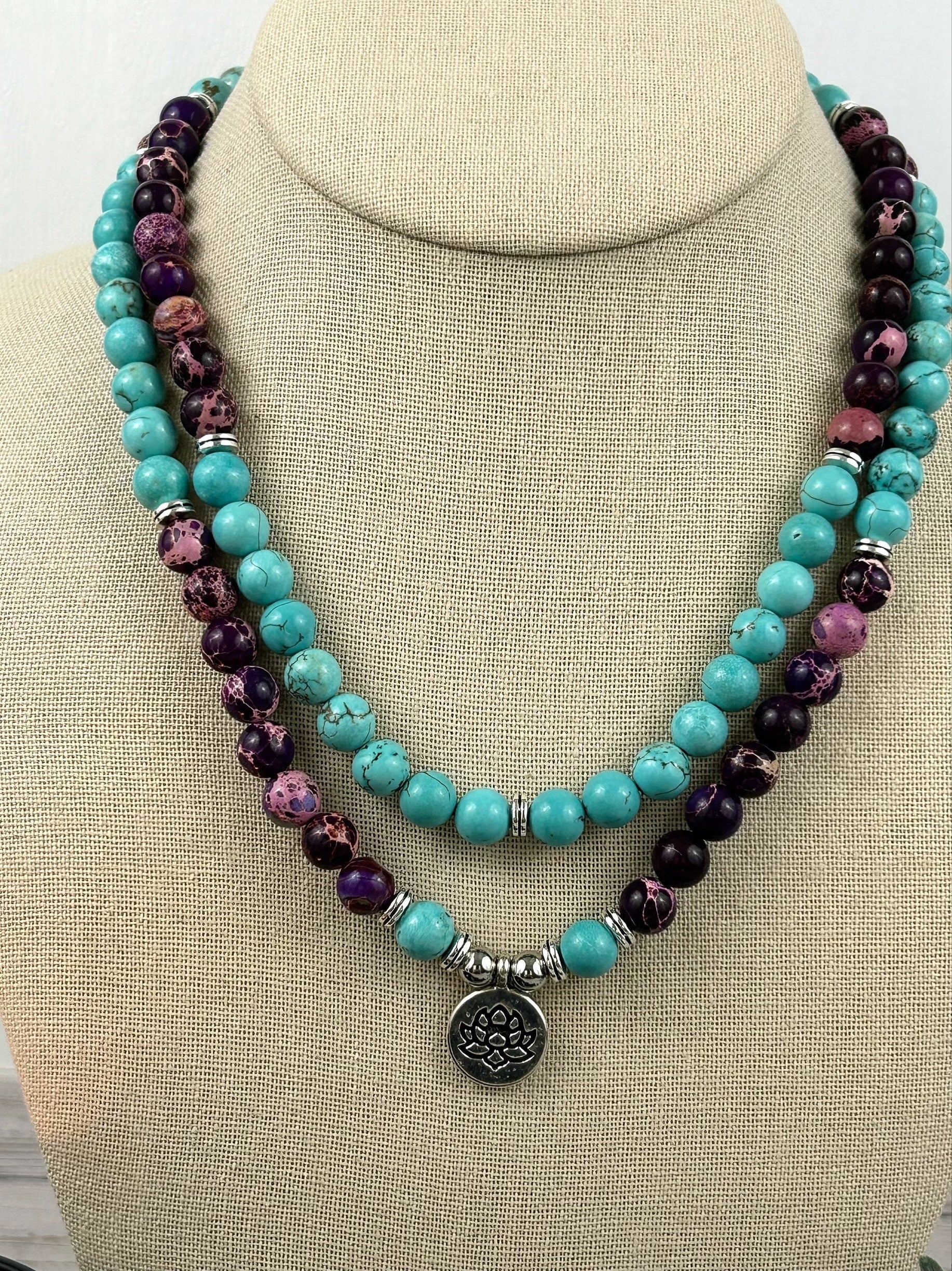 108 Mala Beads Necklace, Japa Mala, Prayer Beads Necklace, Mala Beads Bracelet, Purple Imperial Jasper, Turquoise, Meditation Necklace,
