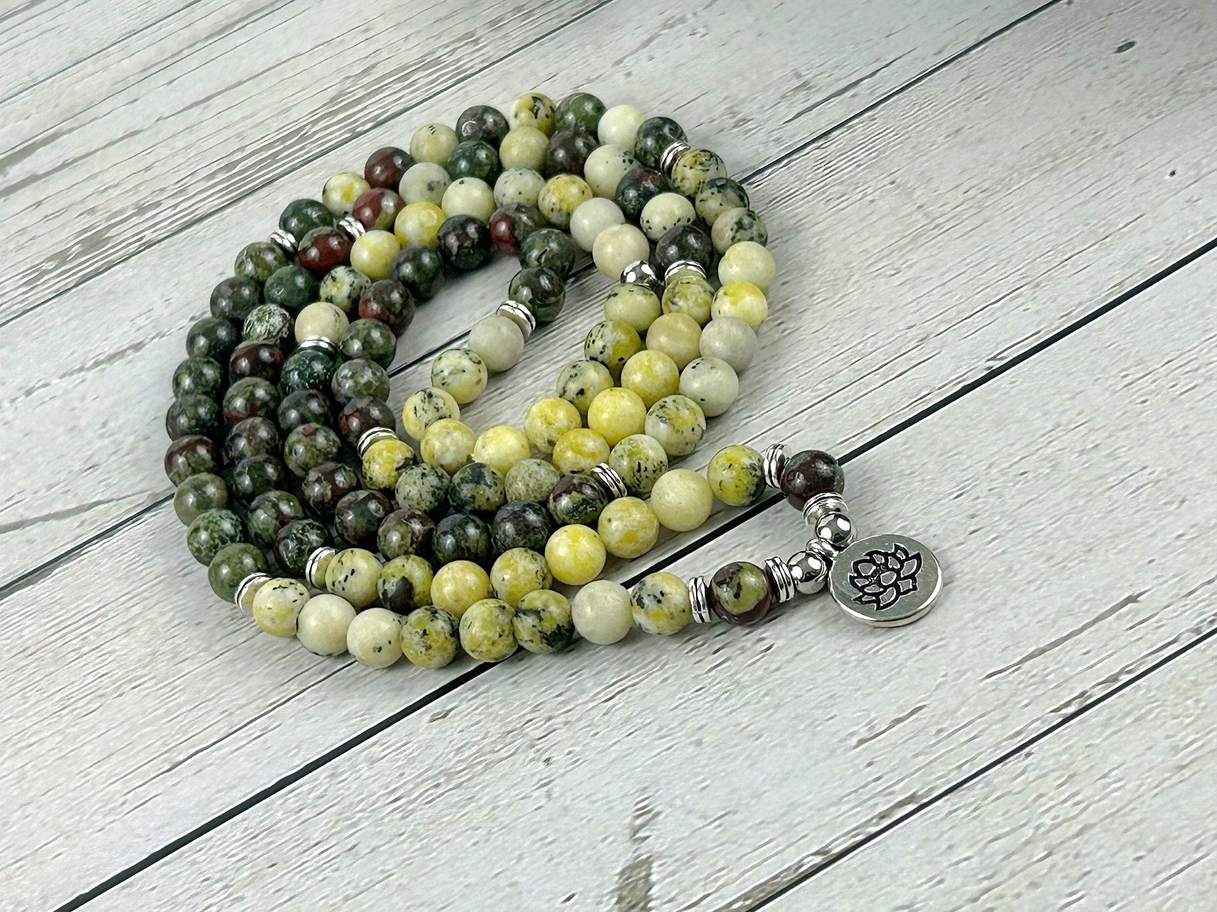 108 Mala Necklace, Yellow Turquoise Necklace, Prayer Beads, Dragon Bloodstone Necklace, 108 Mala Beads Bracelet, Meditation Necklace