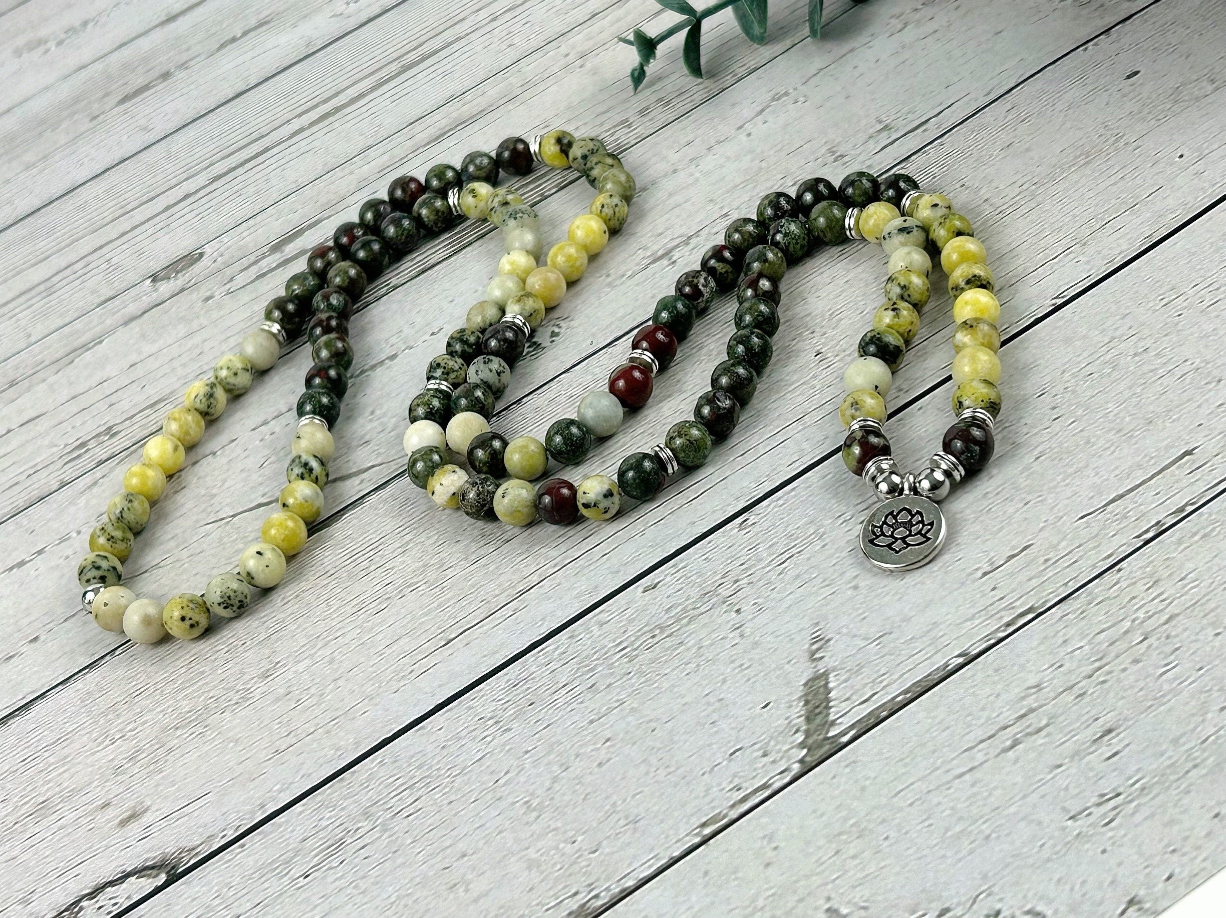 108 Mala Necklace, Yellow Turquoise Necklace, Prayer Beads, Dragon Bloodstone Necklace, 108 Mala Beads Bracelet, Meditation Necklace