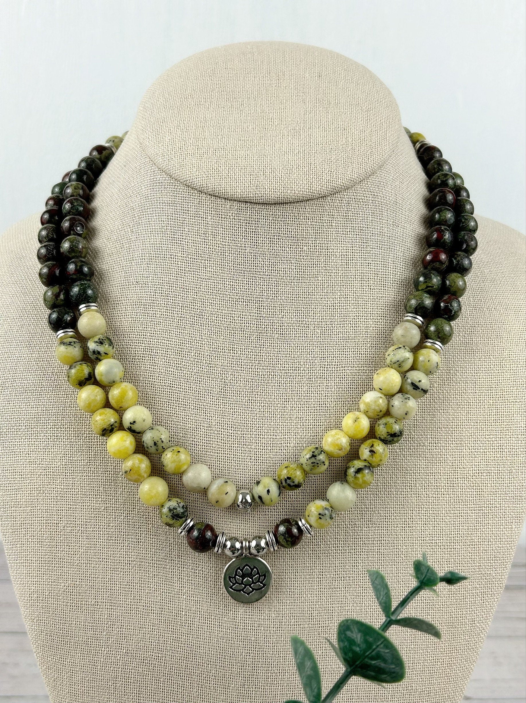 108 Mala Necklace, Yellow Turquoise Necklace, Prayer Beads, Dragon Bloodstone Necklace, 108 Mala Beads Bracelet, Meditation Necklace