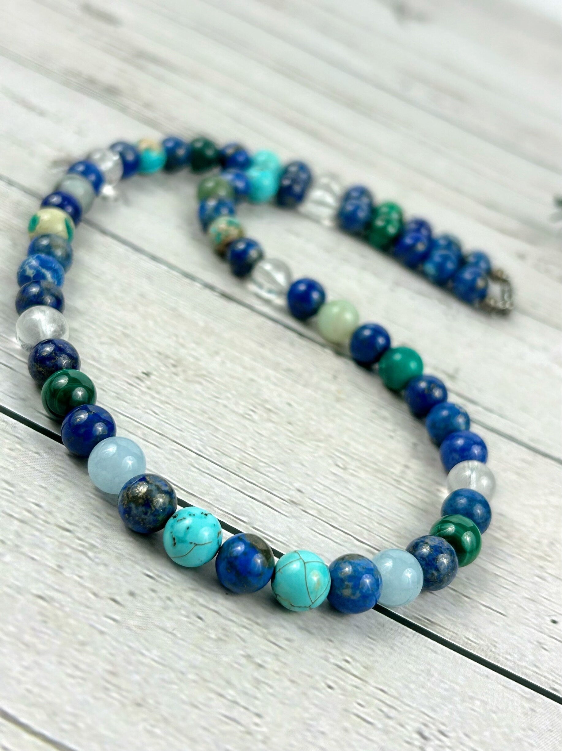 Mix Gemstones Necklace, Lapis Lazuli, Beaded Necklace, Turquoise, Imperial Jasper, Malachite, Aquamarine, Clear Quartz, Amazonite,Moss Agate