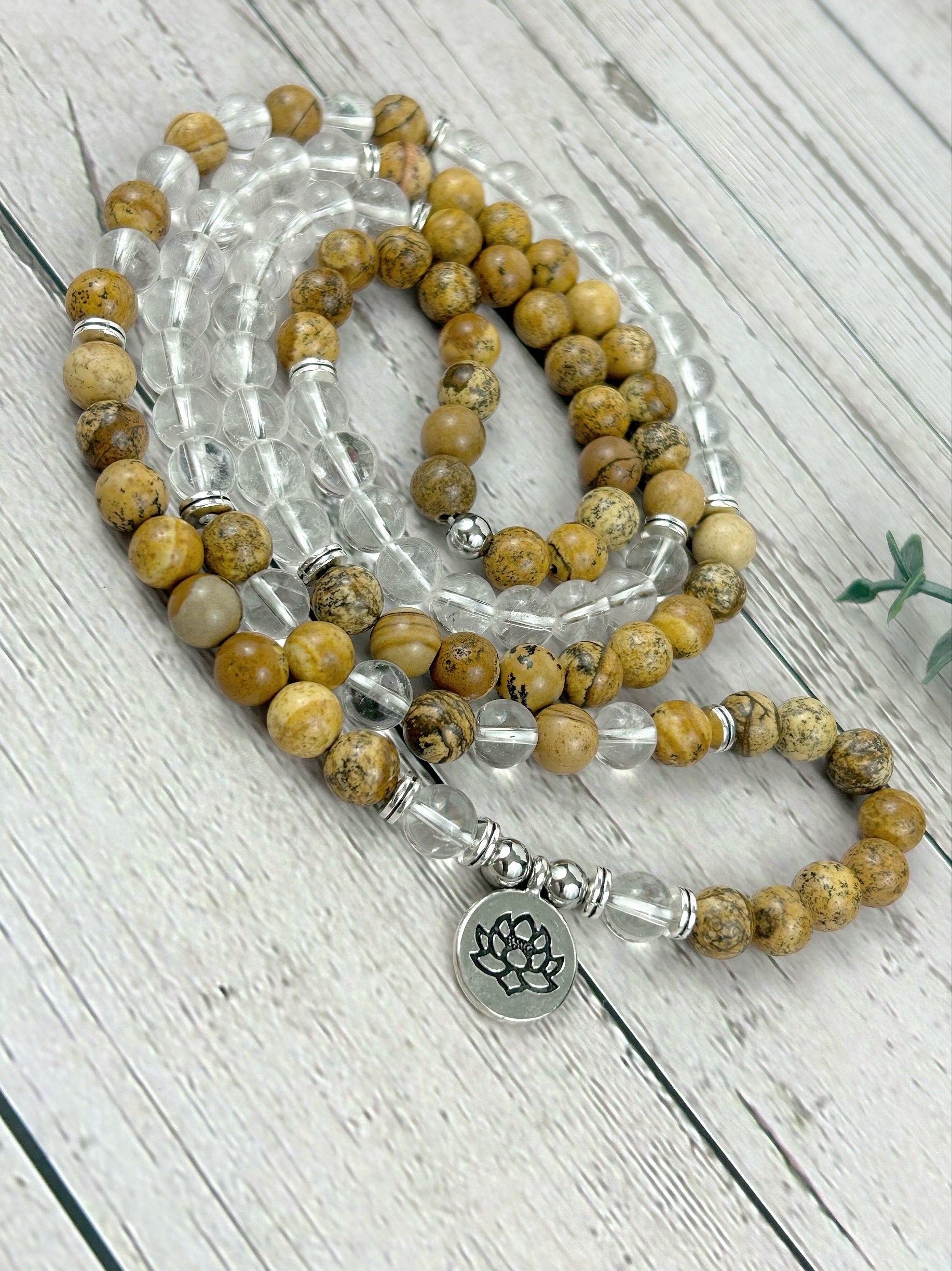 Japa Mala, 108 Mala Beads Necklace, Picture Jasper, Clear Quartz, Prayer Beads Necklace, 108 Mala Beads Bracelet, Meditation Necklace