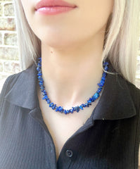 Lapis Lazuli Necklace, Blue Beaded Choker, Lapis Lazuli Choker Necklace, Gemstone Chip Necklace, Boho Necklace, Handmade Jewelry, Gift