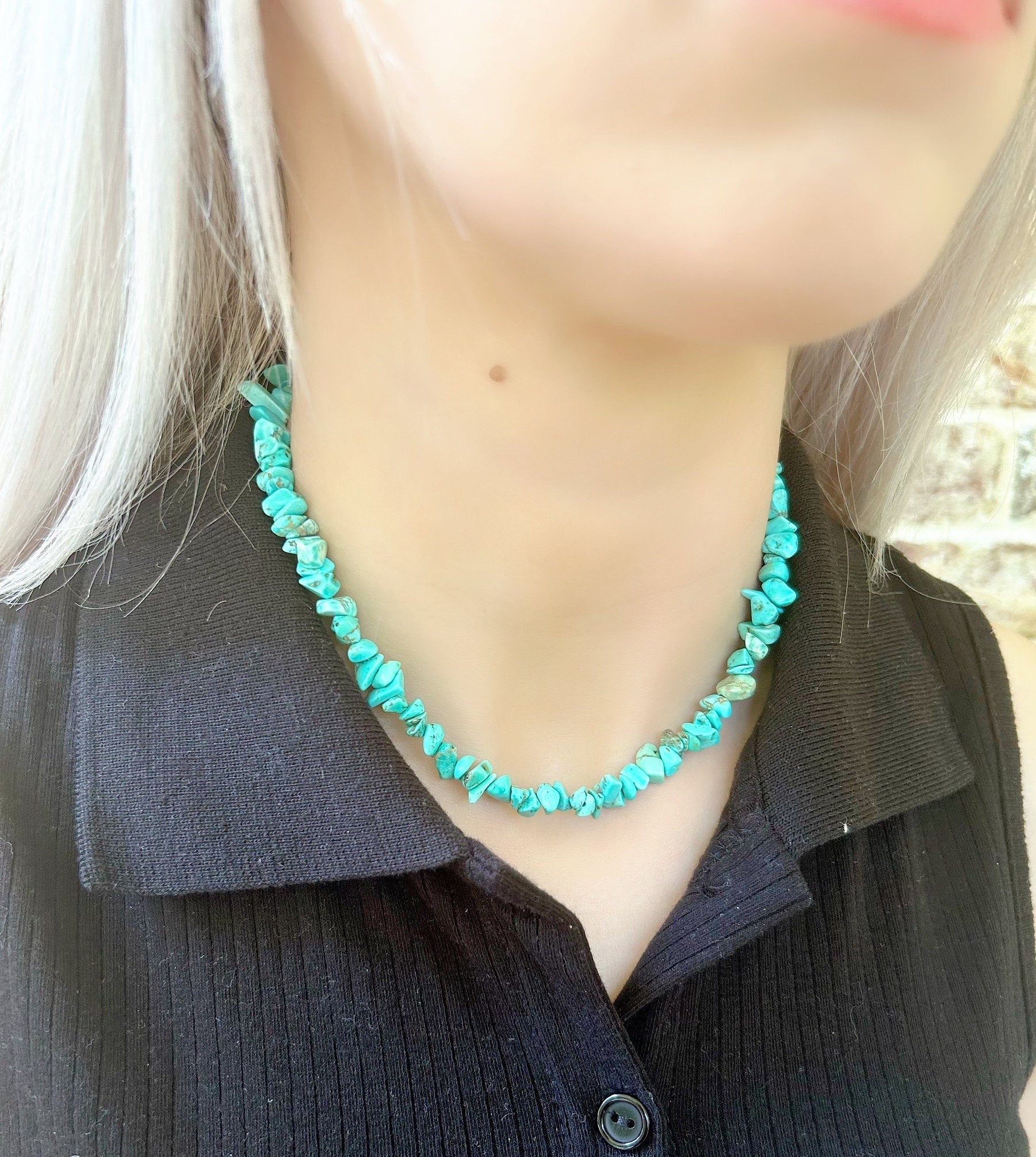 Turquoise Necklace, Beaded Choker, Turquoise Choker Necklace, Gemstone Chip Necklace, Boho Necklace, Layered Necklace, Feminine Jewelry