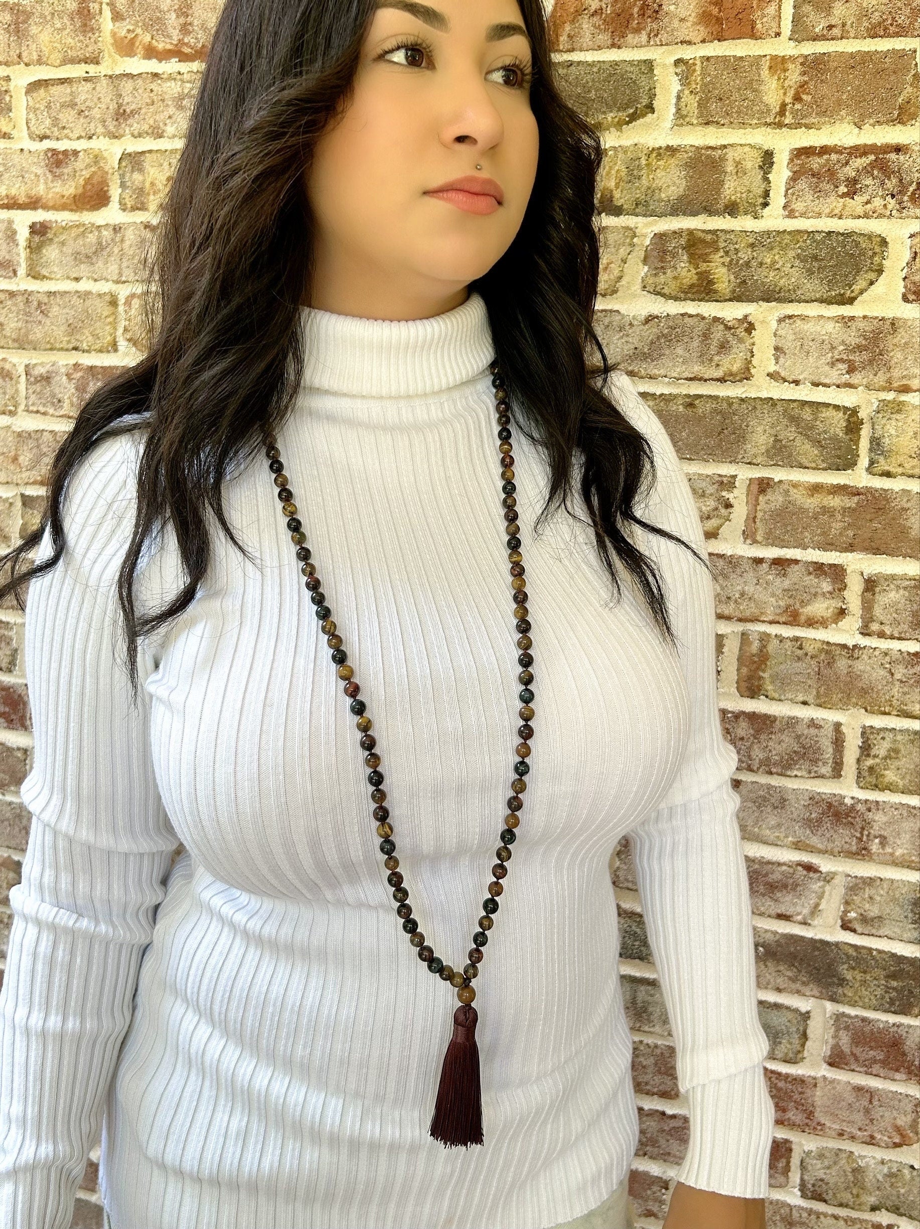 108 Mala Necklace, Tigers Eye Necklace, Japa Mala, Prayer Beads Necklace, Hand Knotted Mala, Meditation Necklace, Handmade Jewelry