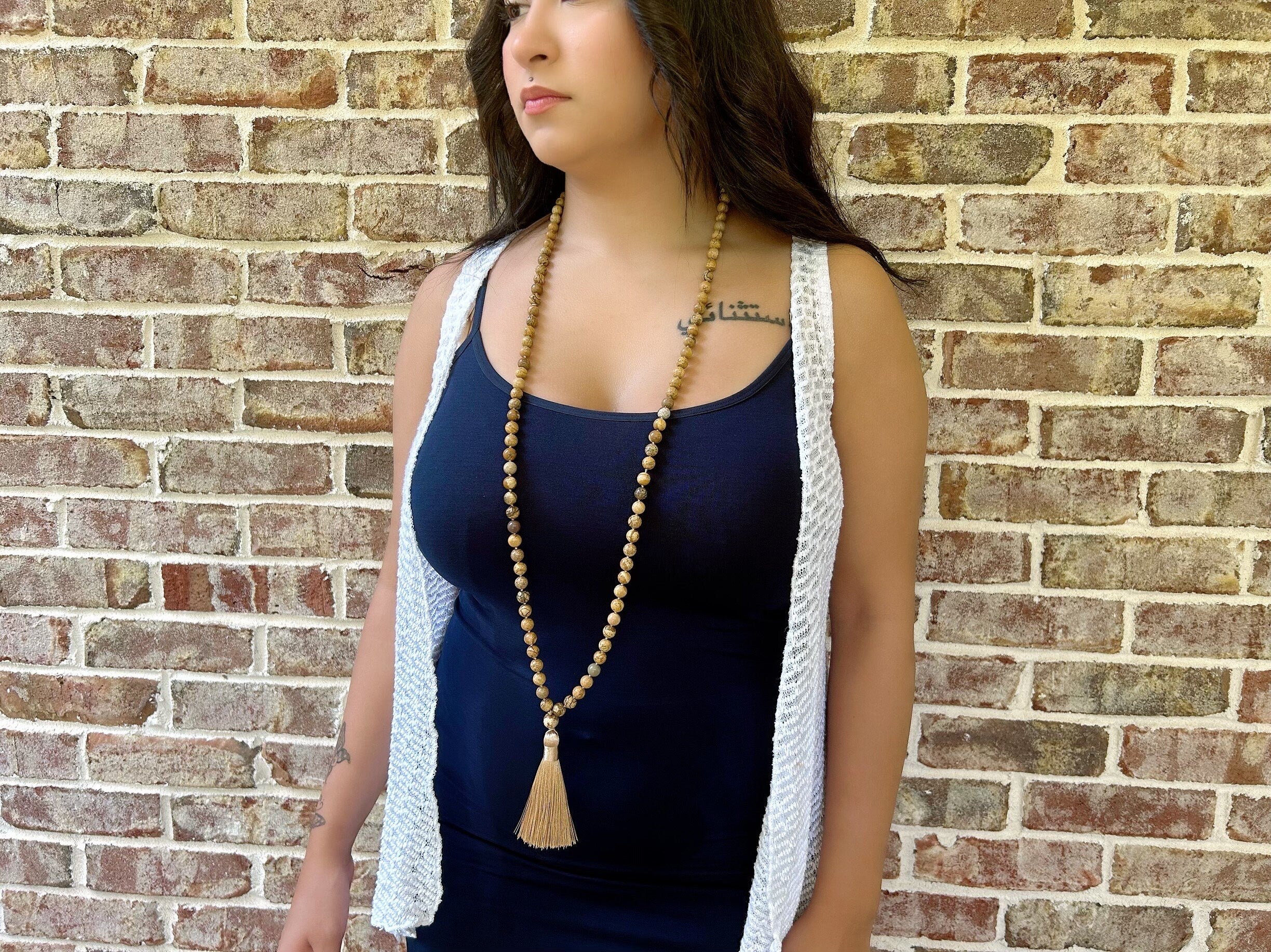 108 Mala Necklace, Picture Jasper Necklace, Japa Mala, Prayer Beads Necklace, Hand Knotted Mala, Meditation Necklace, Handmade Jewelry