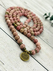 108 Mala Necklace, Japa Mala, Prayer Beads, 108 Mala Beads Bracelet, Meditation Necklace, Rhodochrosite Mala, Handmade Jewelry