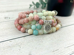 Japa Mala, 108 Mala Beads Necklace, Amazonite Necklace, Prayer Beads, 108 Mala Beads Bracelet, Meditation Necklace, Rhodochrosite Mala