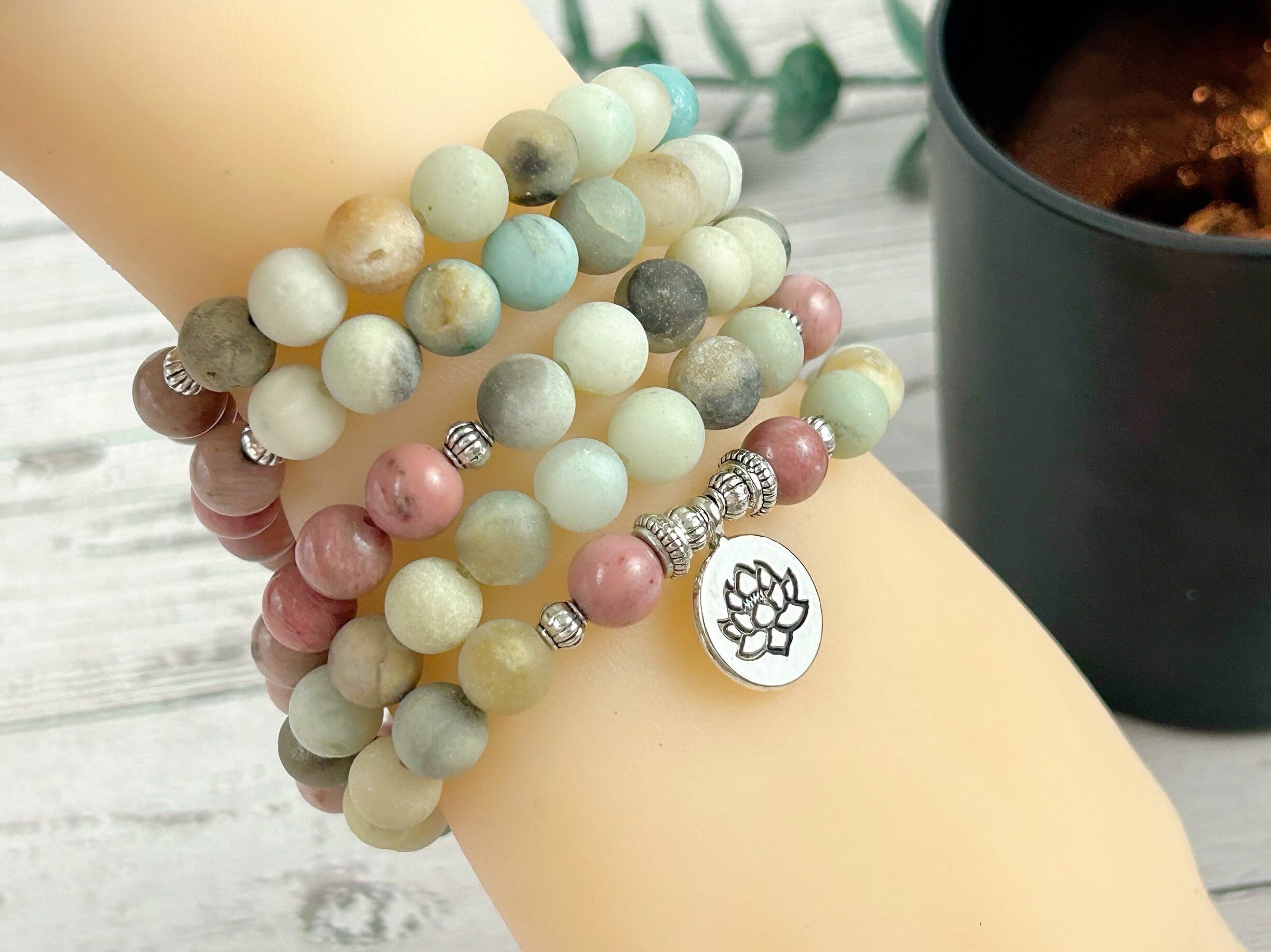 Japa Mala, 108 Mala Beads Necklace, Amazonite Necklace, Prayer Beads, 108 Mala Beads Bracelet, Meditation Necklace, Rhodochrosite Mala