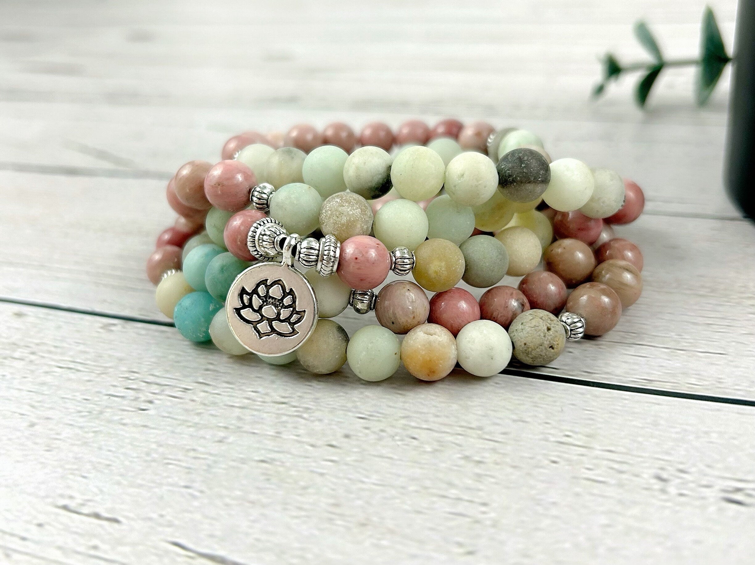 Japa Mala, 108 Mala Beads Necklace, Amazonite Necklace, Prayer Beads, 108 Mala Beads Bracelet, Meditation Necklace, Rhodochrosite Mala