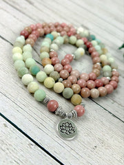 Japa Mala, 108 Mala Beads Necklace, Amazonite Necklace, Prayer Beads, 108 Mala Beads Bracelet, Meditation Necklace, Rhodochrosite Mala