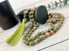 108 Mala Necklace, Unakite Necklace, Japa Mala, Prayer Beads Necklace, Yoga Jewelry,Hand Knotted Mala, Meditation Necklace, Handmade Jewelry