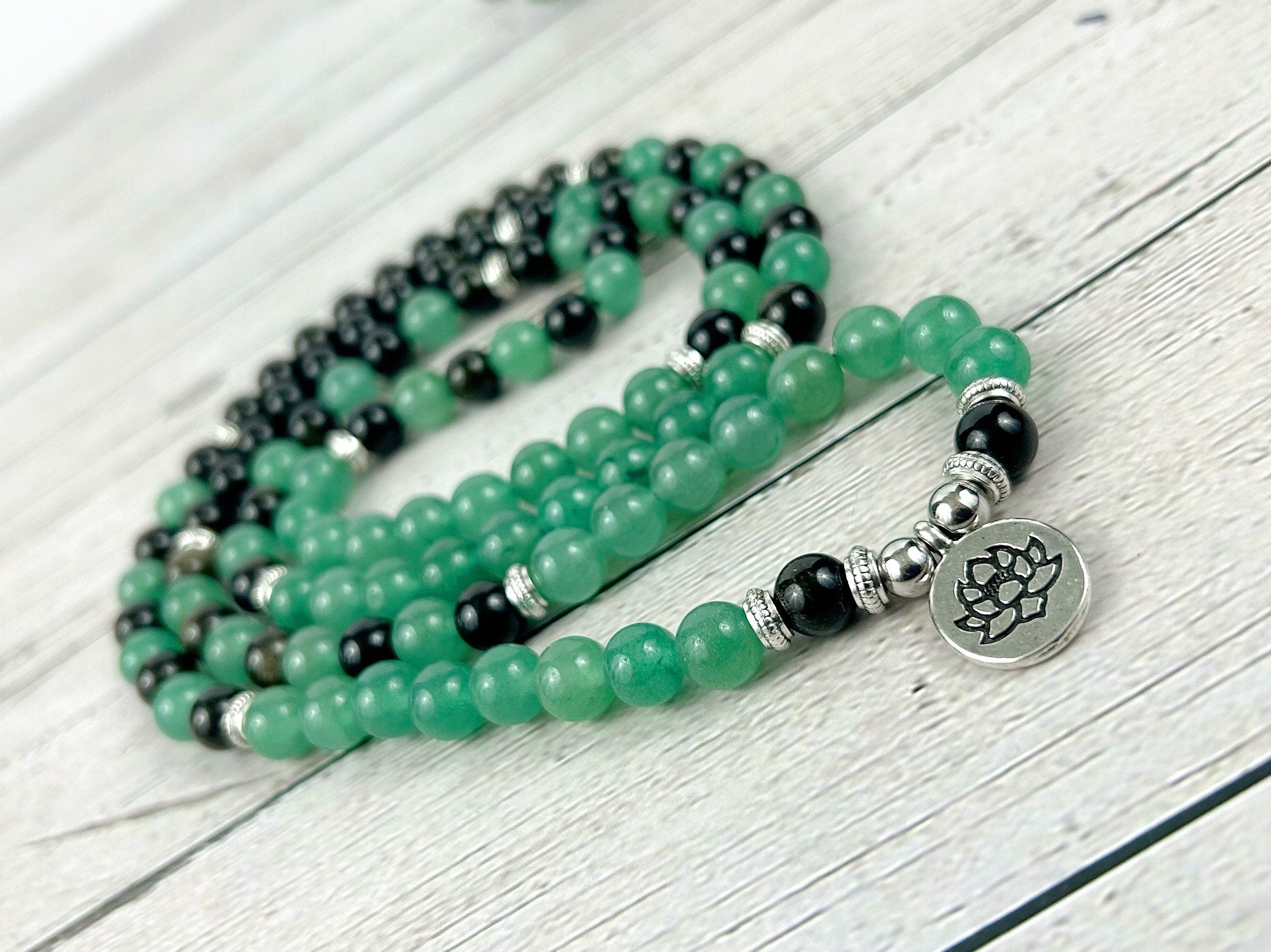 108 Mala Beads Necklace, Japa Mala, Prayer Beads Necklace, Mala Beads Bracelet, Green Aventurine Necklace, Obsidian, Meditation Necklace,