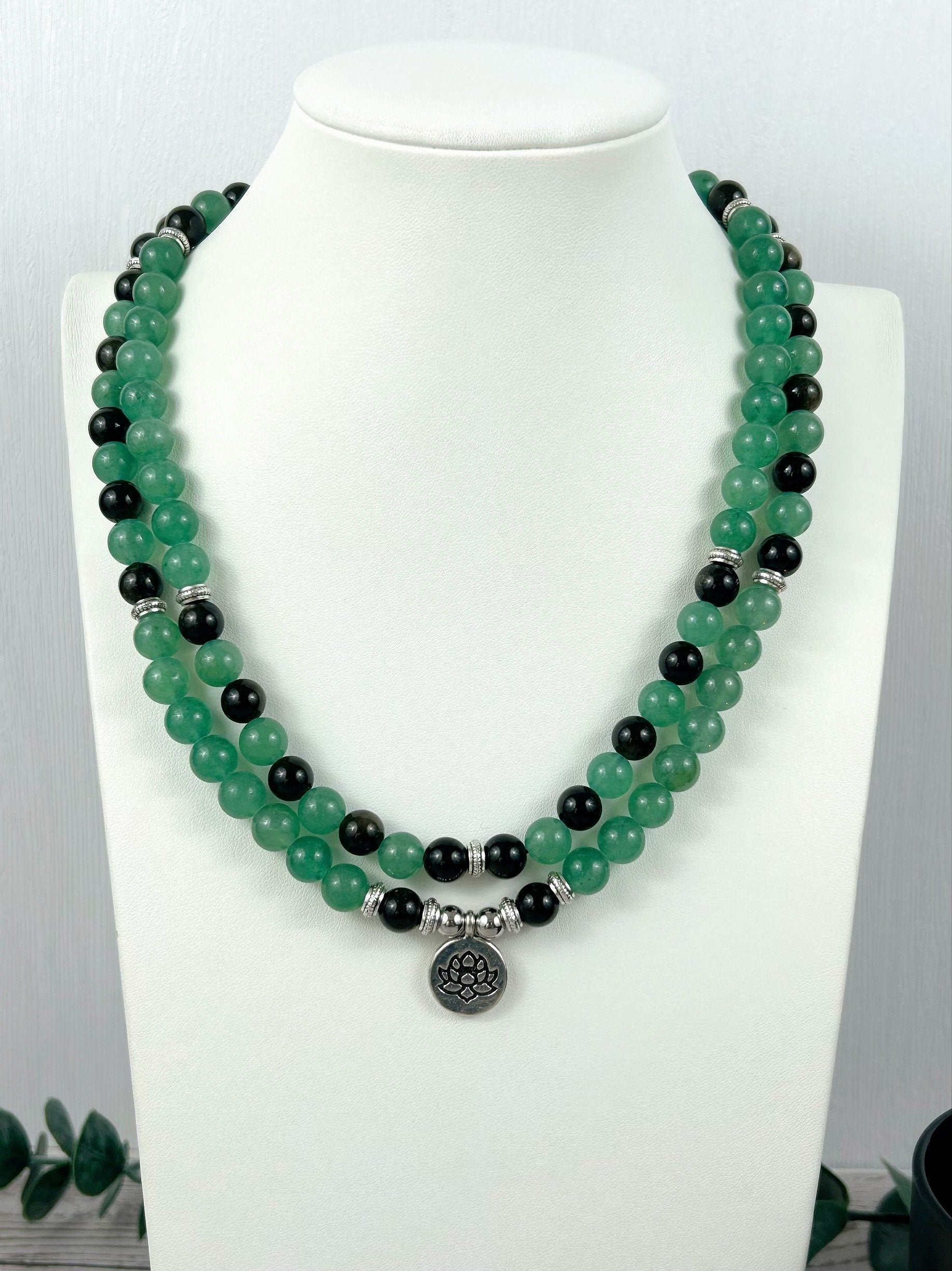 108 Mala Beads Necklace, Japa Mala, Prayer Beads Necklace, Mala Beads Bracelet, Green Aventurine Necklace, Obsidian, Meditation Necklace,