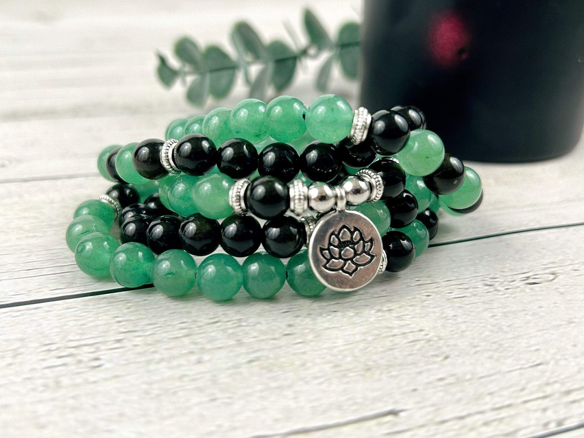 108 Mala Beads Necklace, Japa Mala, Prayer Beads Necklace, Mala Beads Bracelet, Green Aventurine Necklace, Obsidian, Meditation Necklace,