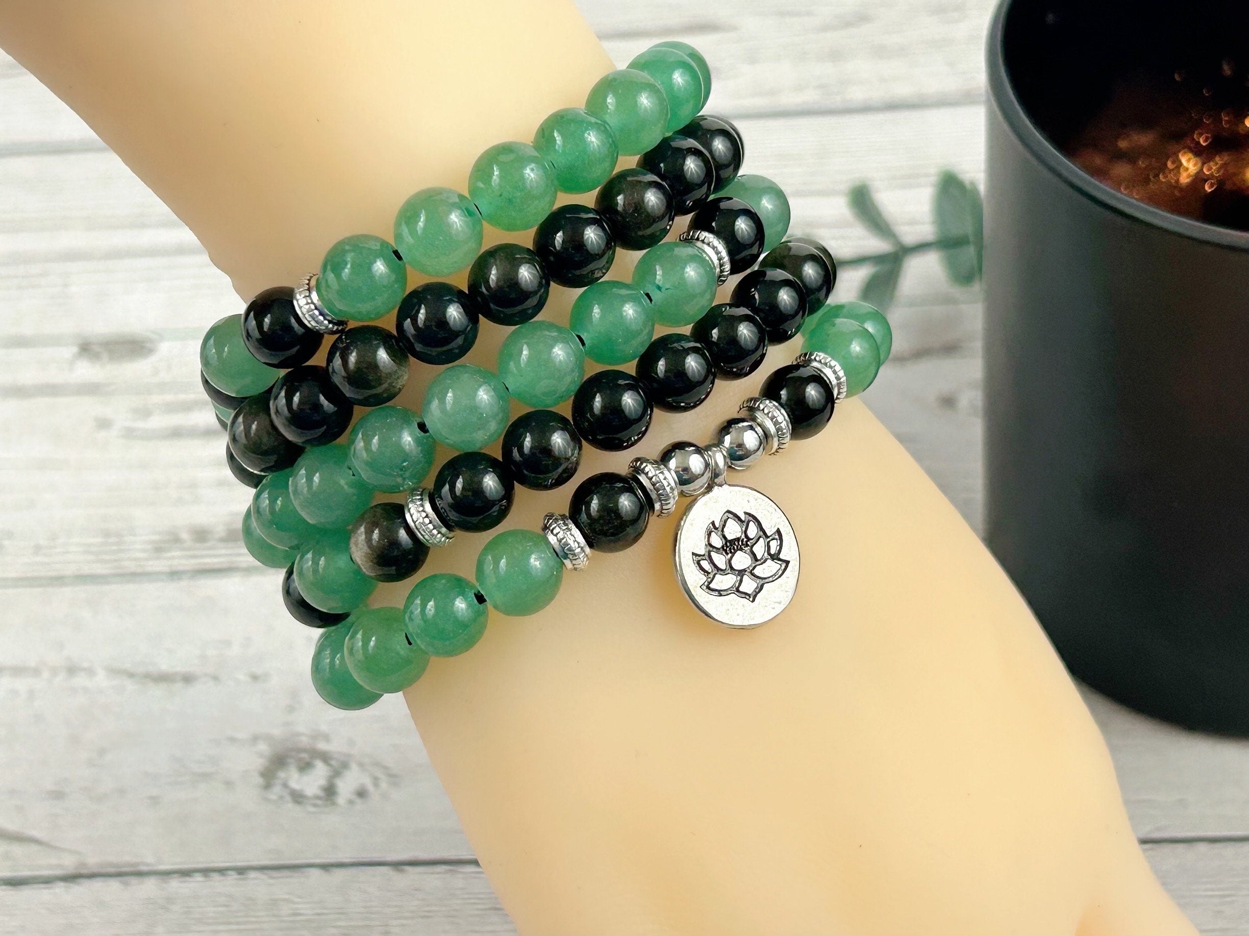 108 Mala Beads Necklace, Japa Mala, Prayer Beads Necklace, Mala Beads Bracelet, Green Aventurine Necklace, Obsidian, Meditation Necklace,