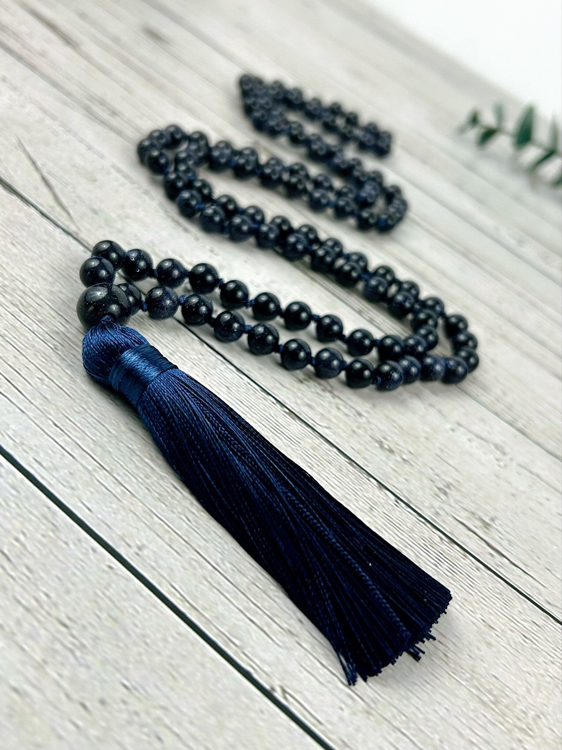 108 Mala Necklace, Blue Sandstone Necklace, Japa Mala, Prayer Beads Necklace, Hand Knotted Mala, Meditation Necklace, Handmade Jewelry