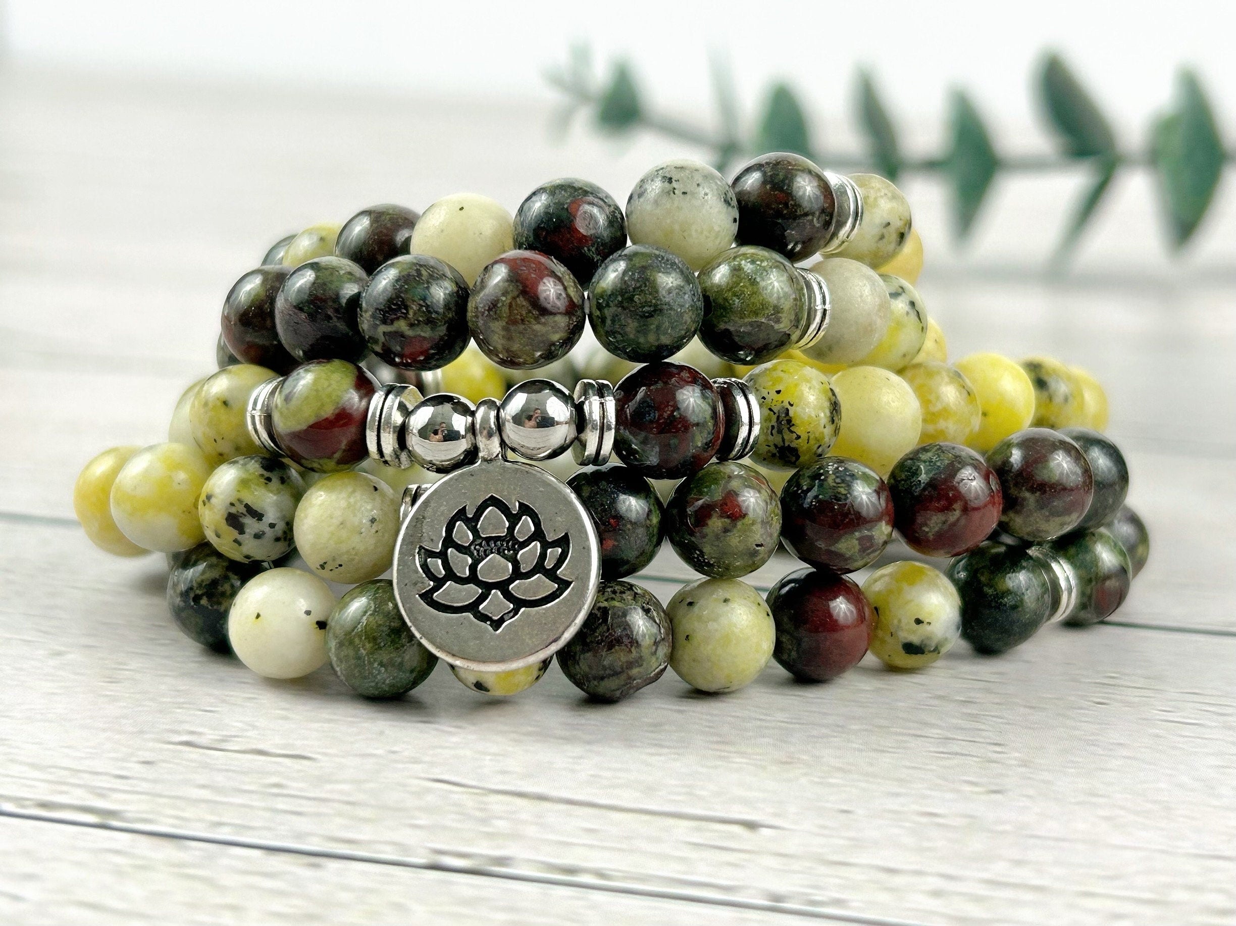 108 Mala Necklace, Yellow Turquoise Necklace, Prayer Beads, Dragon Bloodstone Necklace, 108 Mala Beads Bracelet, Meditation Necklace