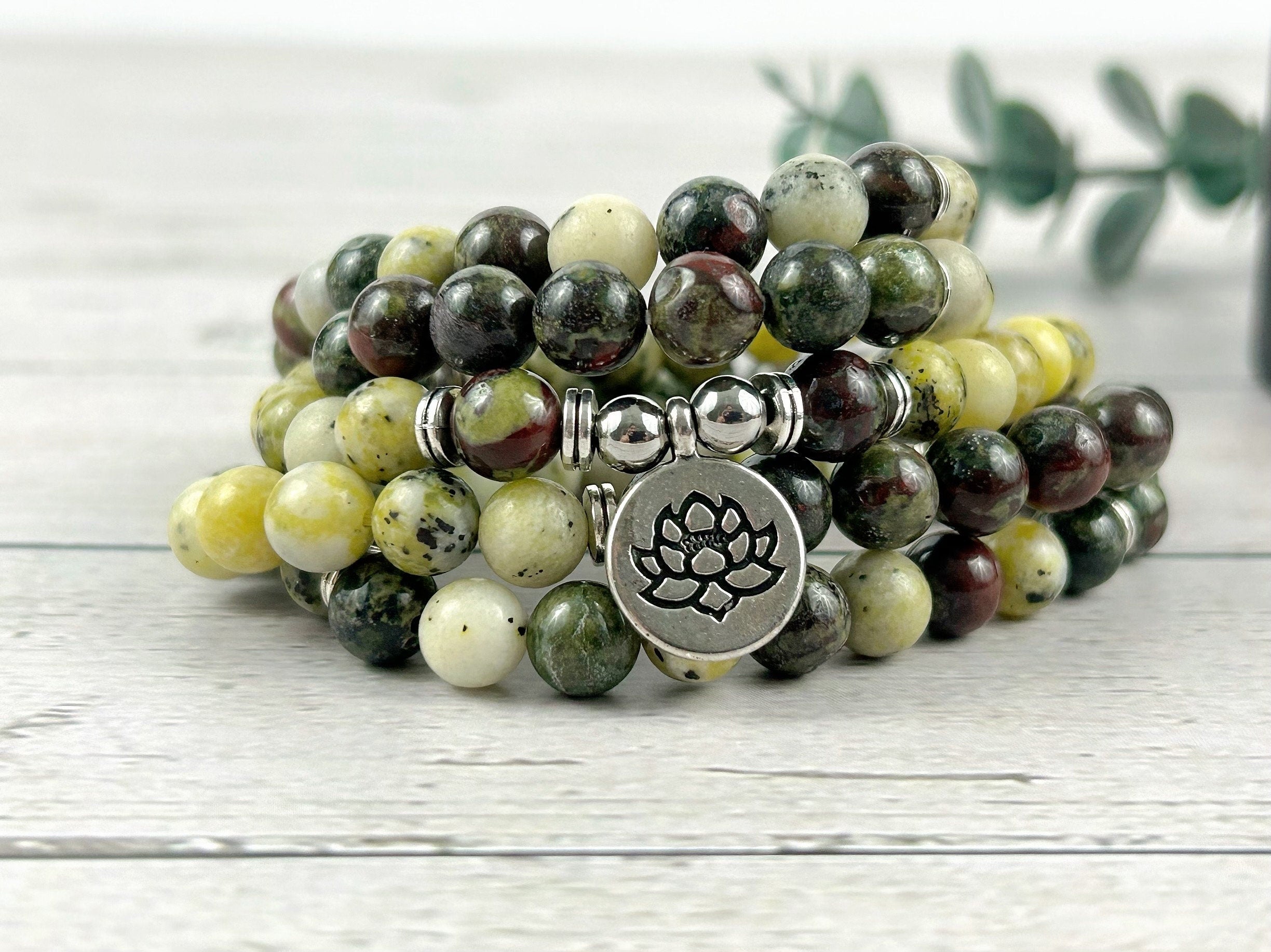 108 Mala Necklace, Yellow Turquoise Necklace, Prayer Beads, Dragon Bloodstone Necklace, 108 Mala Beads Bracelet, Meditation Necklace