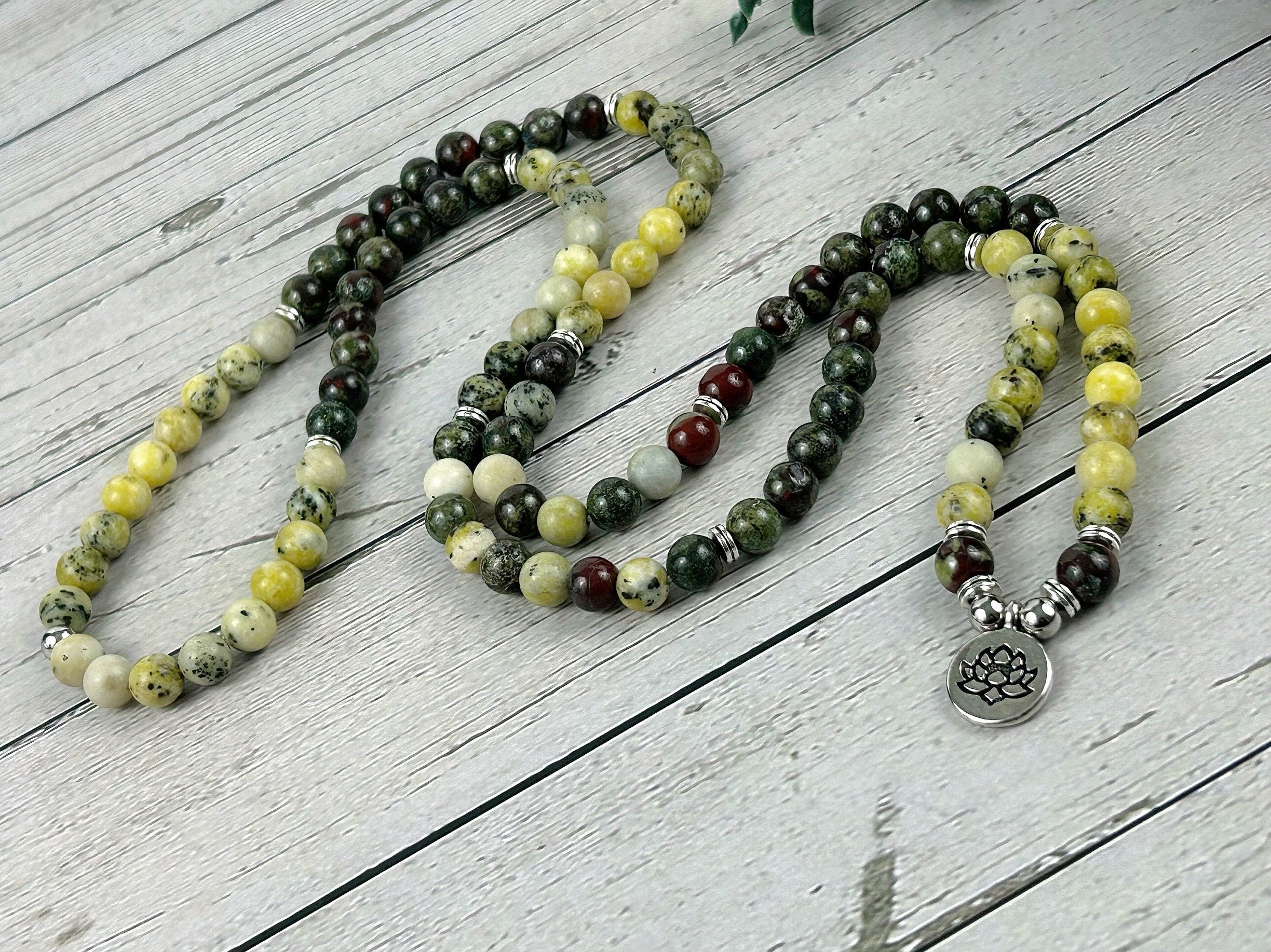 108 Mala Necklace, Yellow Turquoise Necklace, Prayer Beads, Dragon Bloodstone Necklace, 108 Mala Beads Bracelet, Meditation Necklace