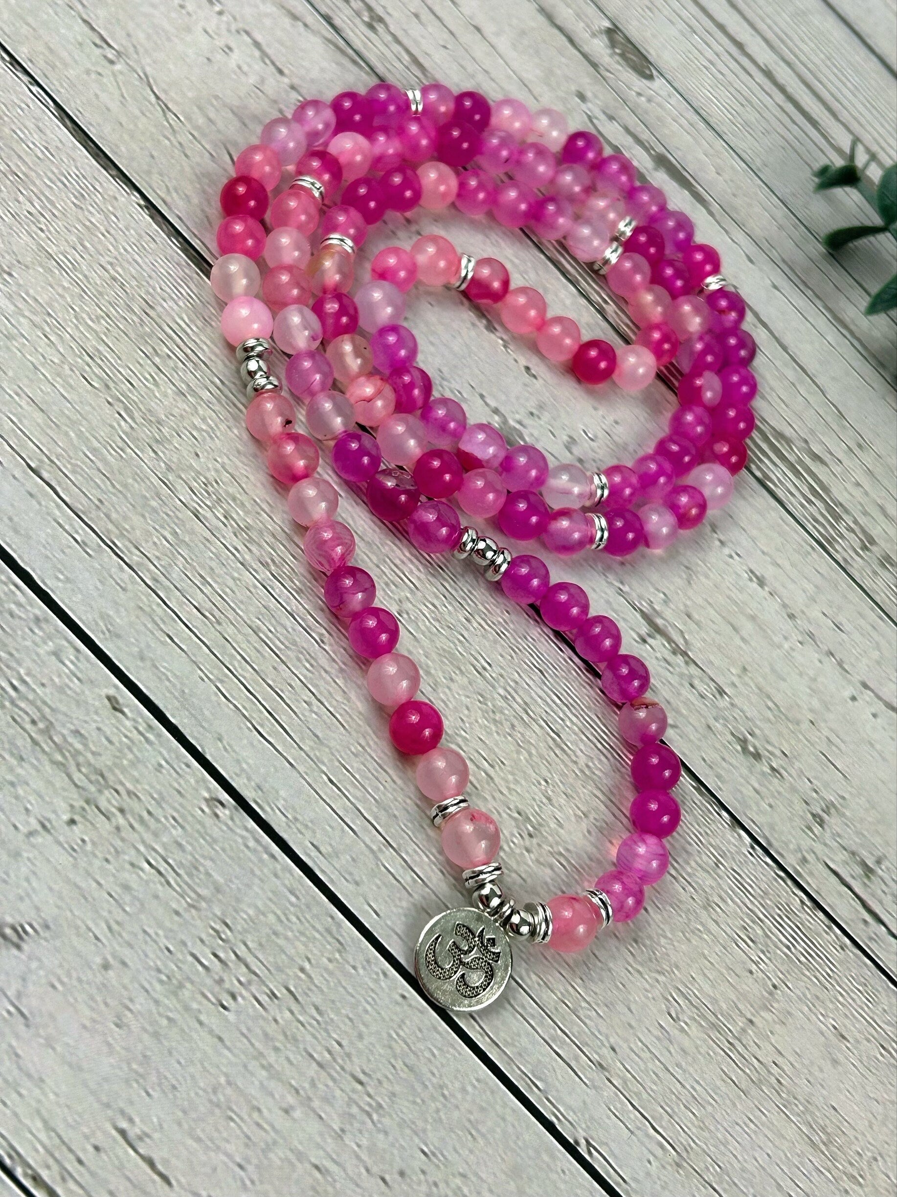 Pink Agate Japa Mala, 108 Mala Beads Necklace, Prayer Beads Necklace, 108 Mala Beads Bracelet , Meditation Necklace, Handmade Jewelry