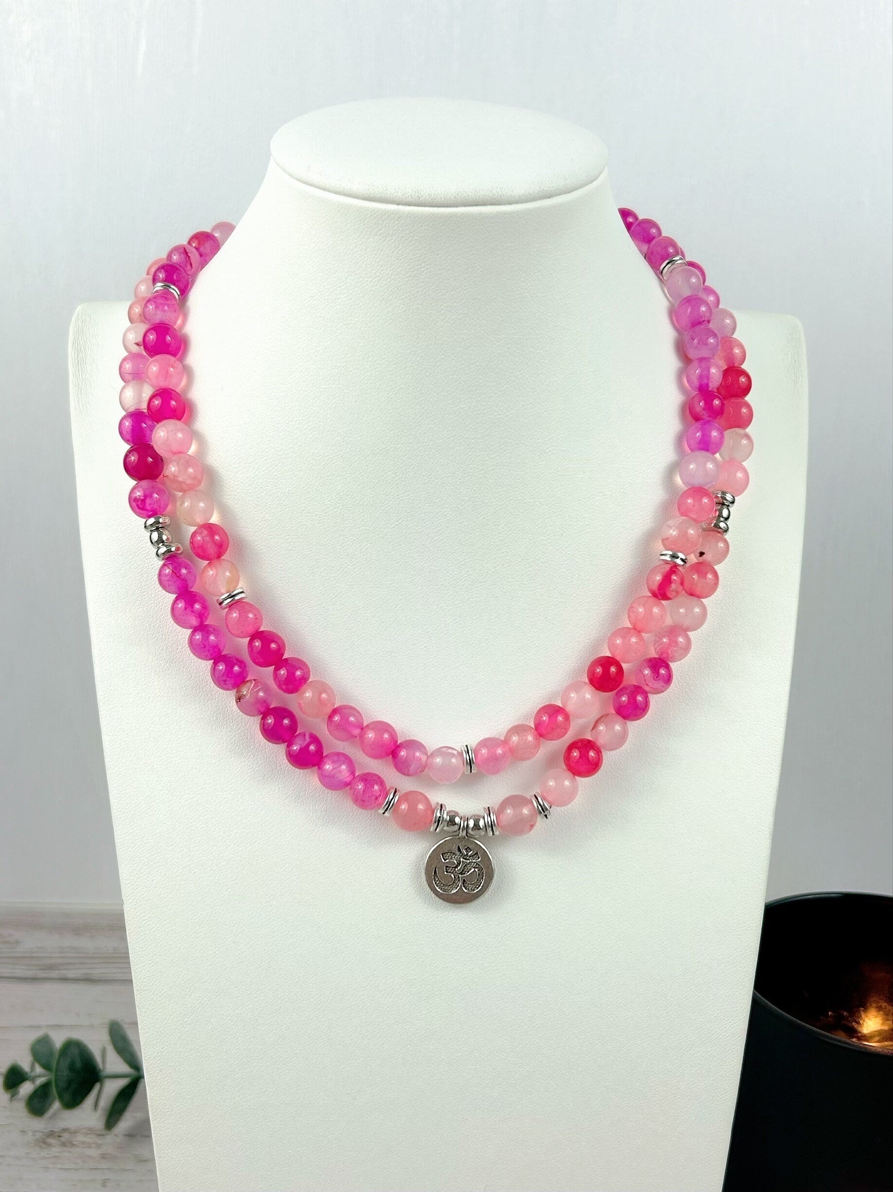 Pink Agate Japa Mala, 108 Mala Beads Necklace, Prayer Beads Necklace, 108 Mala Beads Bracelet , Meditation Necklace, Handmade Jewelry