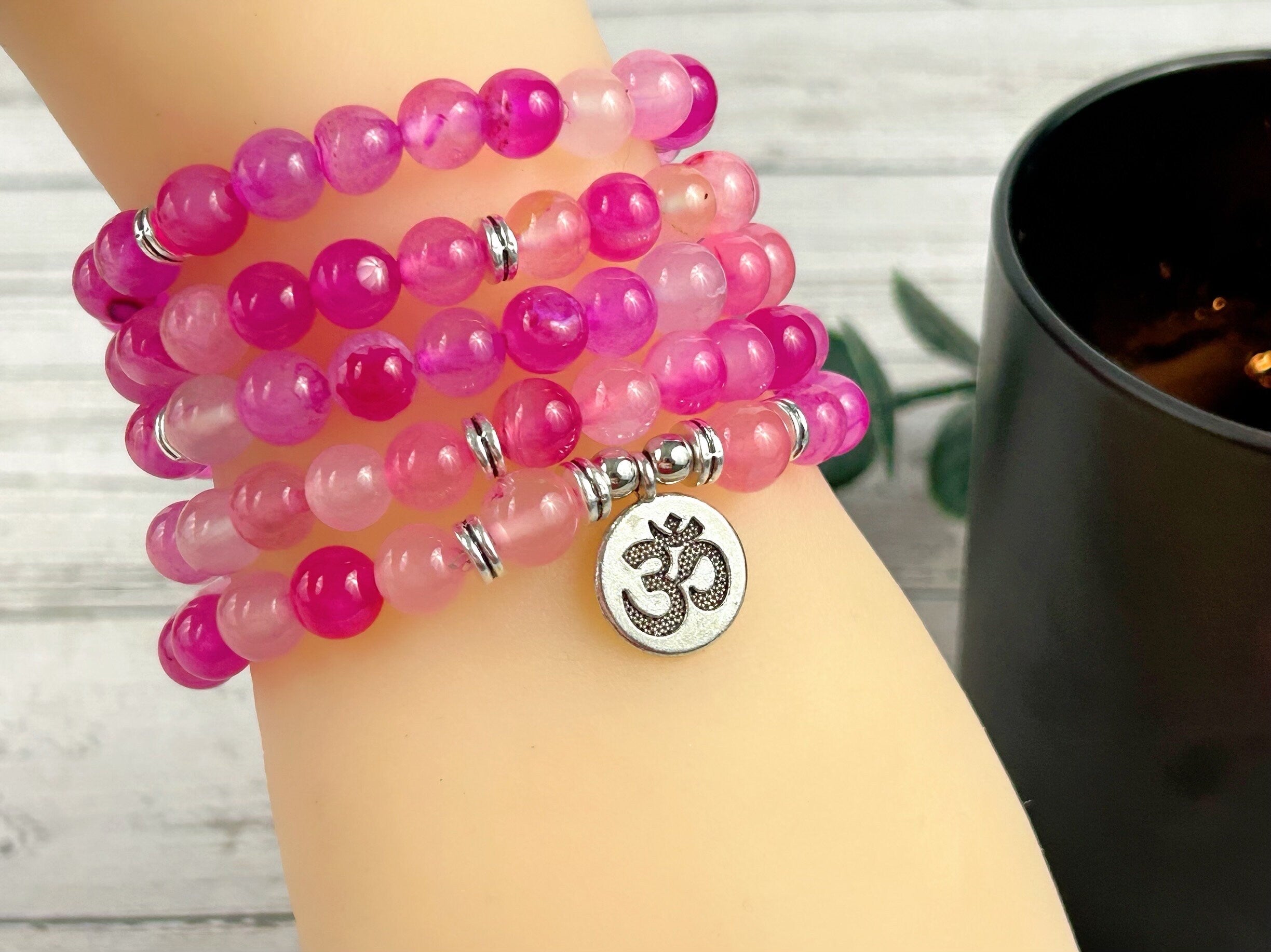 Pink Agate Japa Mala, 108 Mala Beads Necklace, Prayer Beads Necklace, 108 Mala Beads Bracelet , Meditation Necklace, Handmade Jewelry